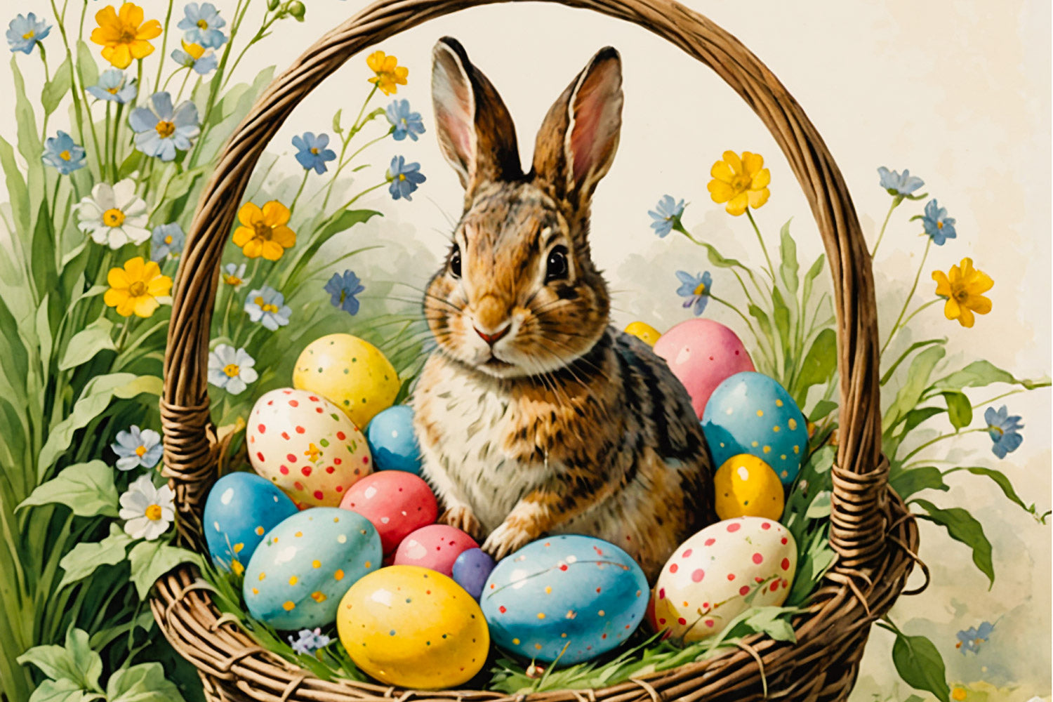 Easter eggs, rabbit in a basket: posterscape poster.