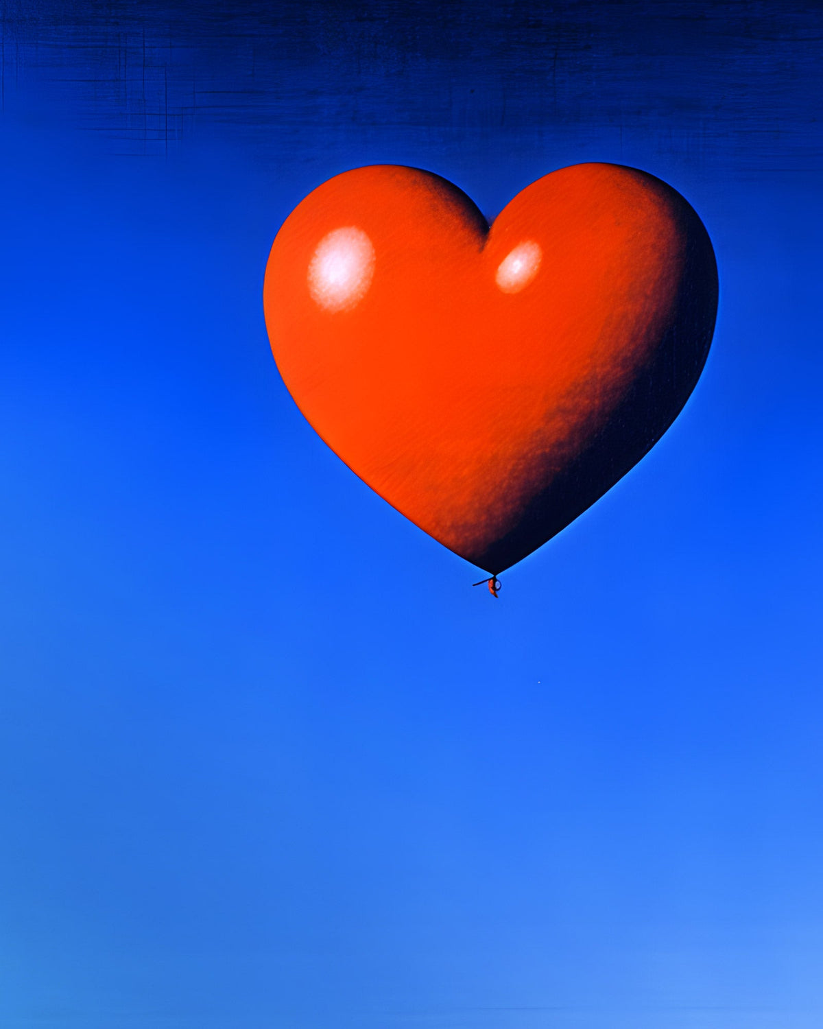 Surreal painting of a glossy red heart-shaped balloon floating in a deep blue sky