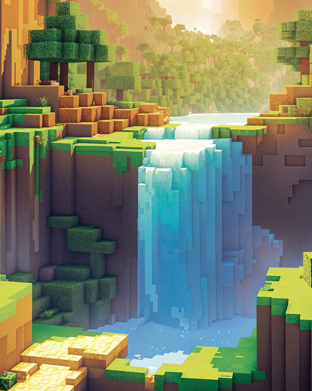 Pixel-art landscape made of blocks: a turquoise waterfall falling between green cliffs and blocky trees in golden light