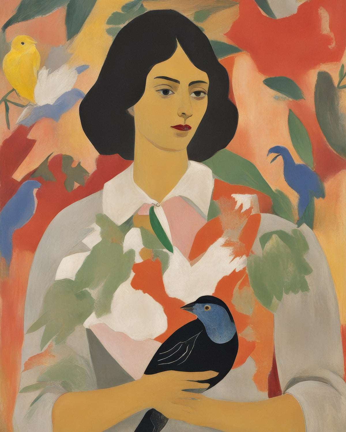 Painted portrait of a dark-haired woman in a gray blouse holding a black bird, surrounded by colorful birds and leaves