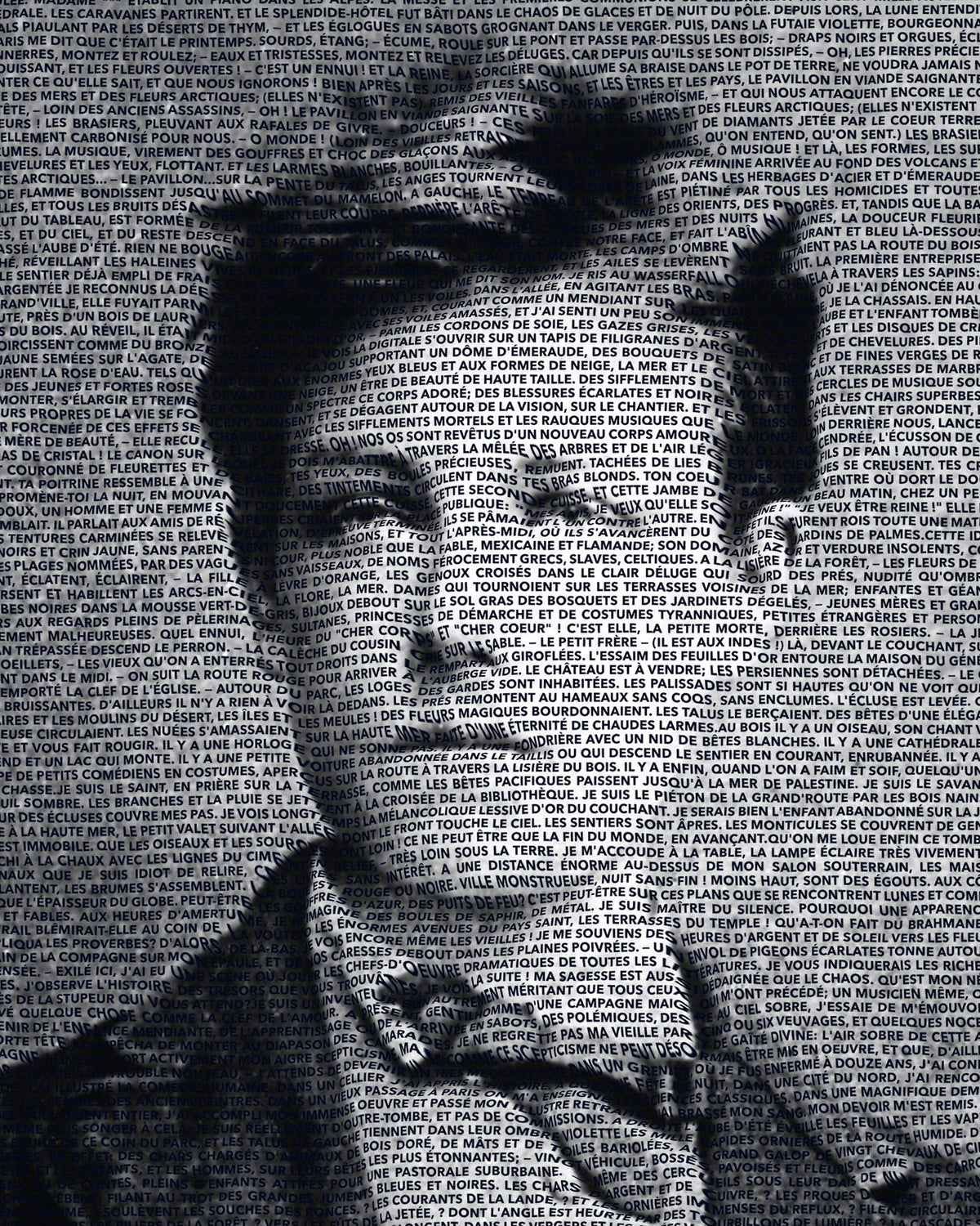 Typographic portrait of Arthur Rimbaud in black and white, his face formed by lines of French text