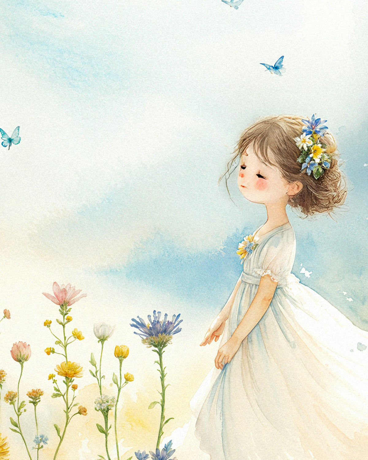 Watercolor illustration of a little girl in a white dress with flowers in her hair, walking through a wildflower meadow with blue butterflies