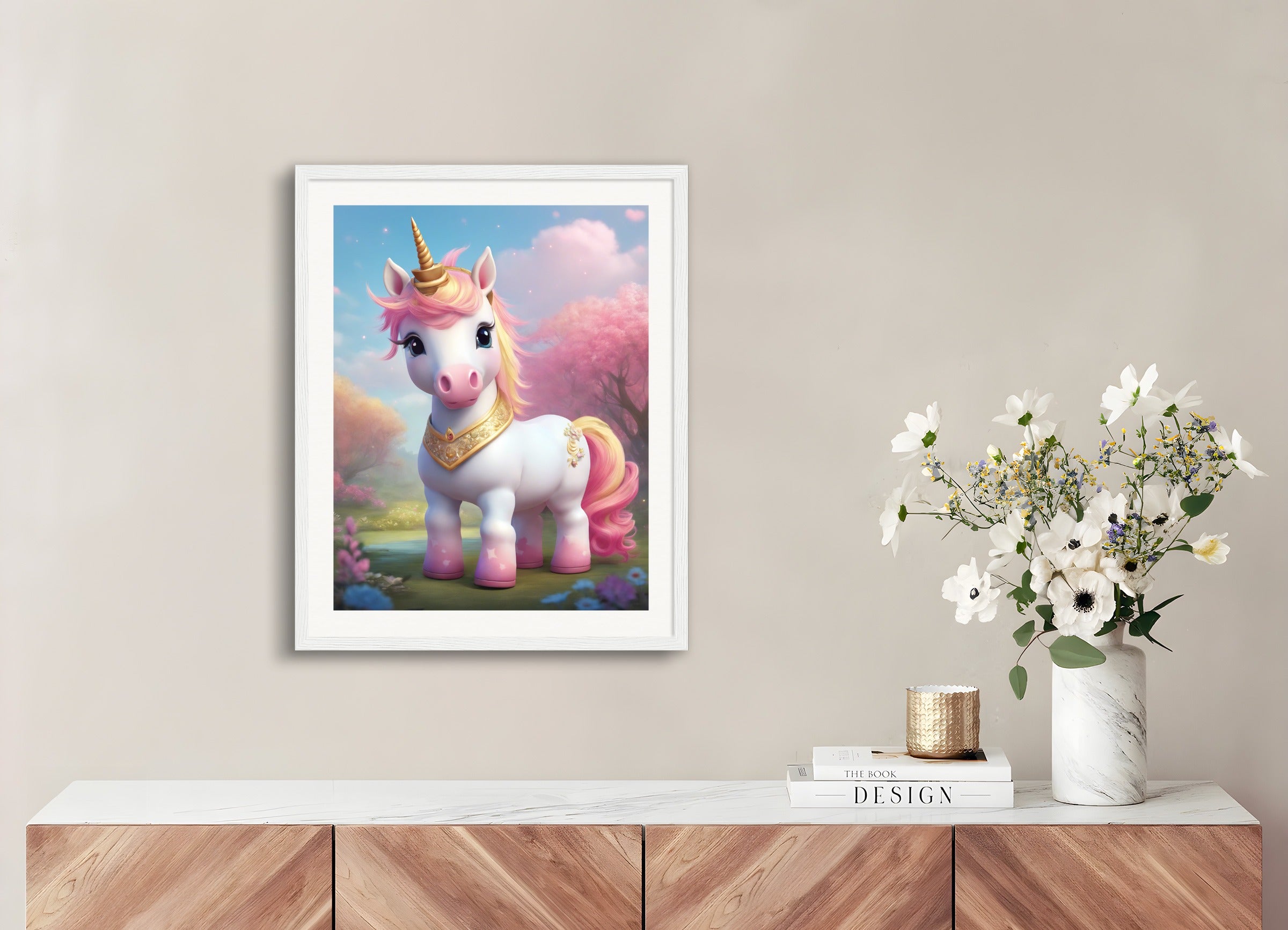Poster with wood frame: , A baby cute unicorn