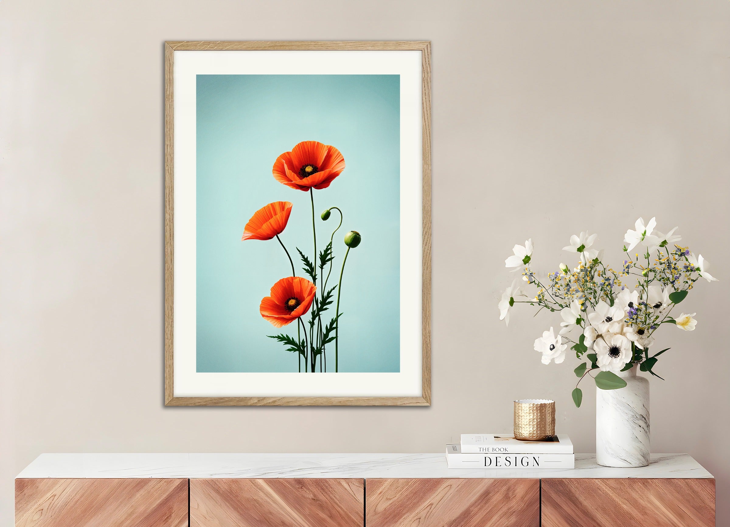 Poster with natural wood frame: Poppies 02