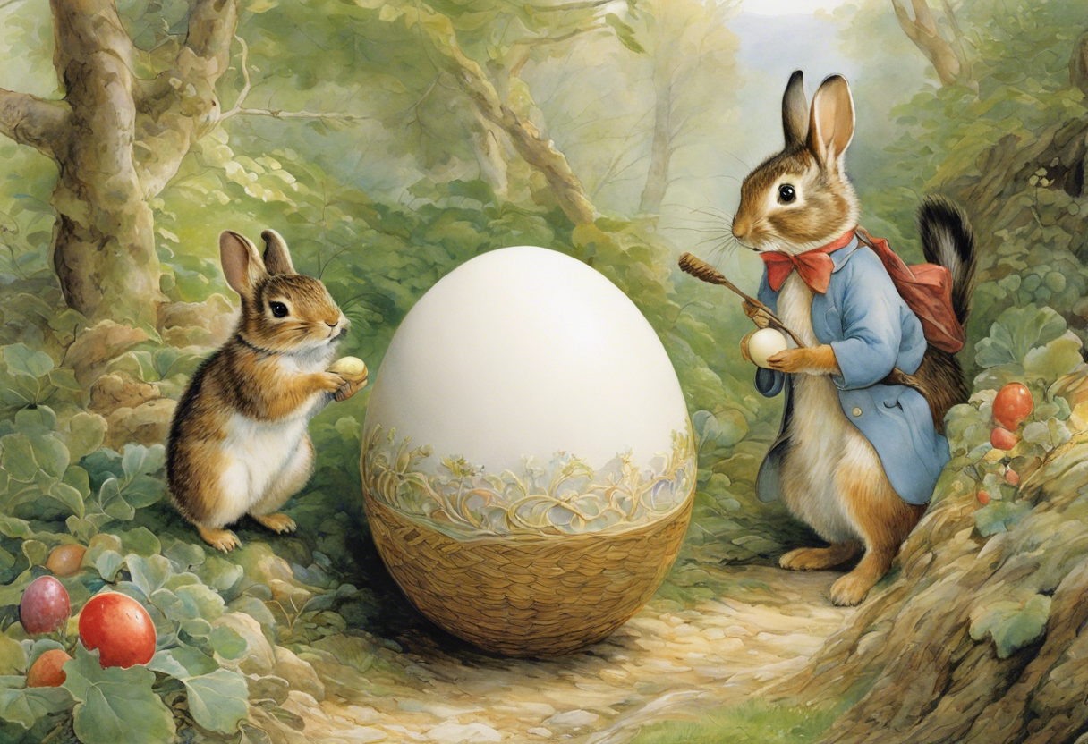 Affiche pour pâques, contes charmants, délicates aquarelles britanniques, lapins et œuf