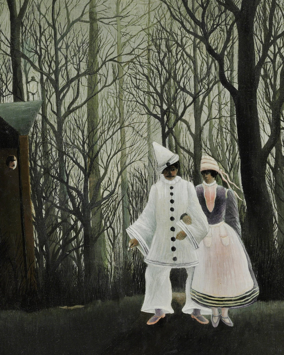Peinture surréaliste représentant deux personnages dans une forêt sombre et sans feuilles. L’un porte une tenue blanche boutonnée et un chapeau blanc pointu, l’autre une robe rose pâle et grise.