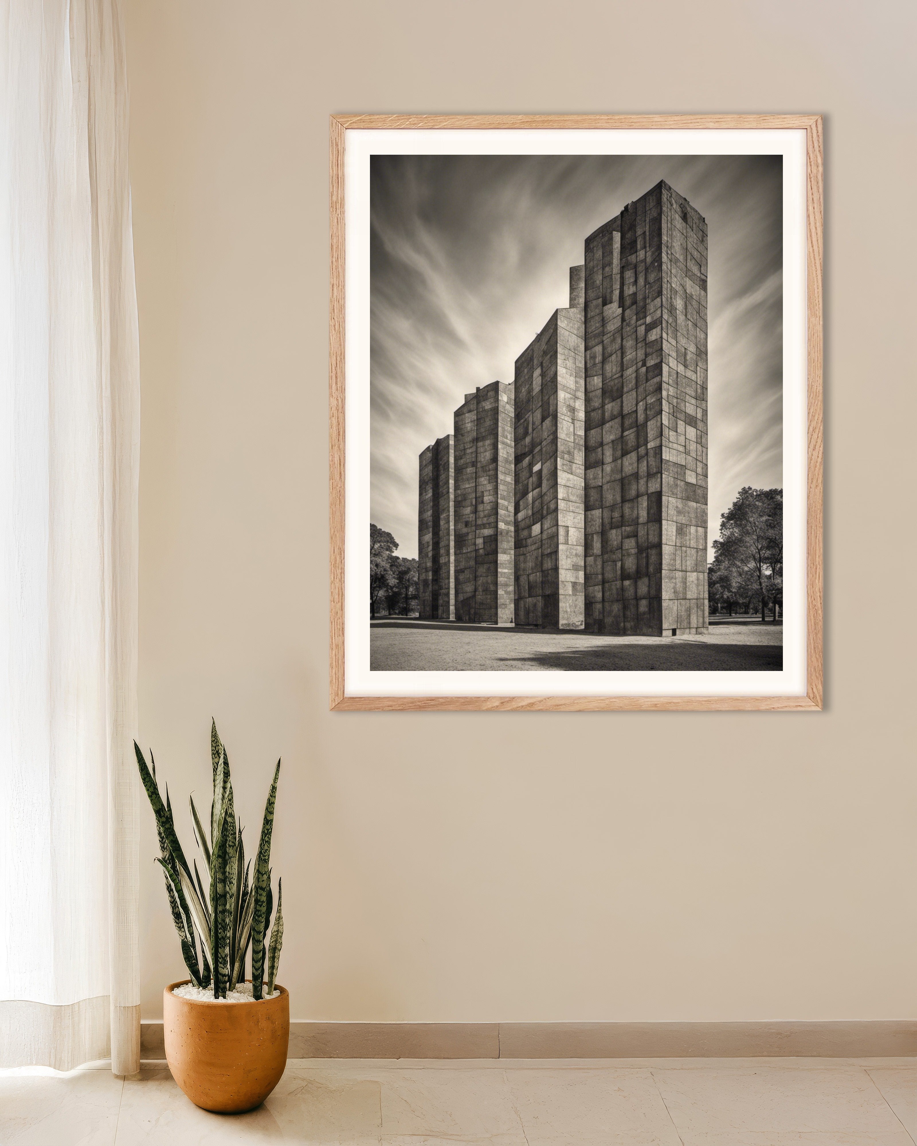 Poster of Abstract compositions with fanciful shapes, brutalist buildings - Poster, with natural wooden frame