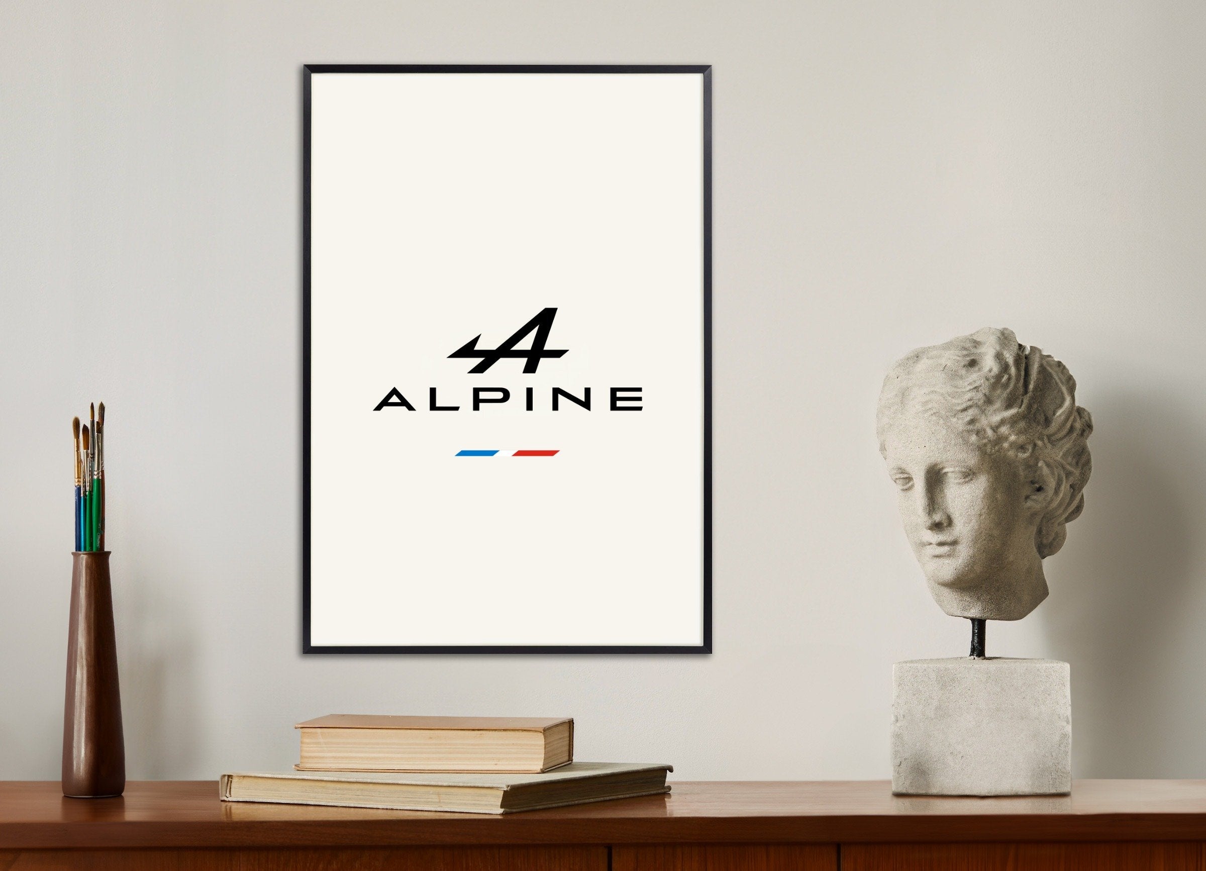 Poster of Alpine logo, with metal frame
