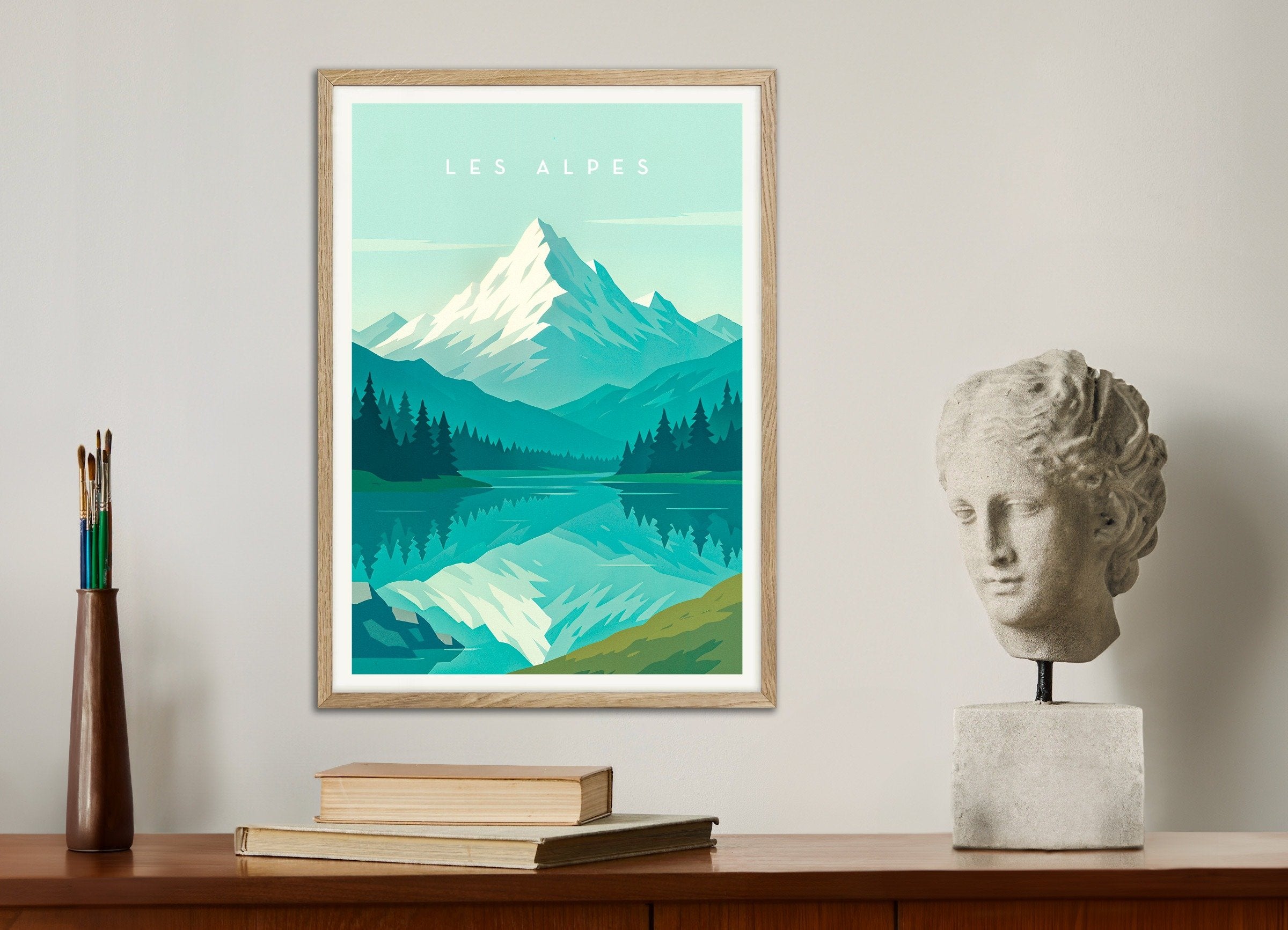 Poster of Alps Poster - Minimalist Mountain Art Print, with natural wooden frame