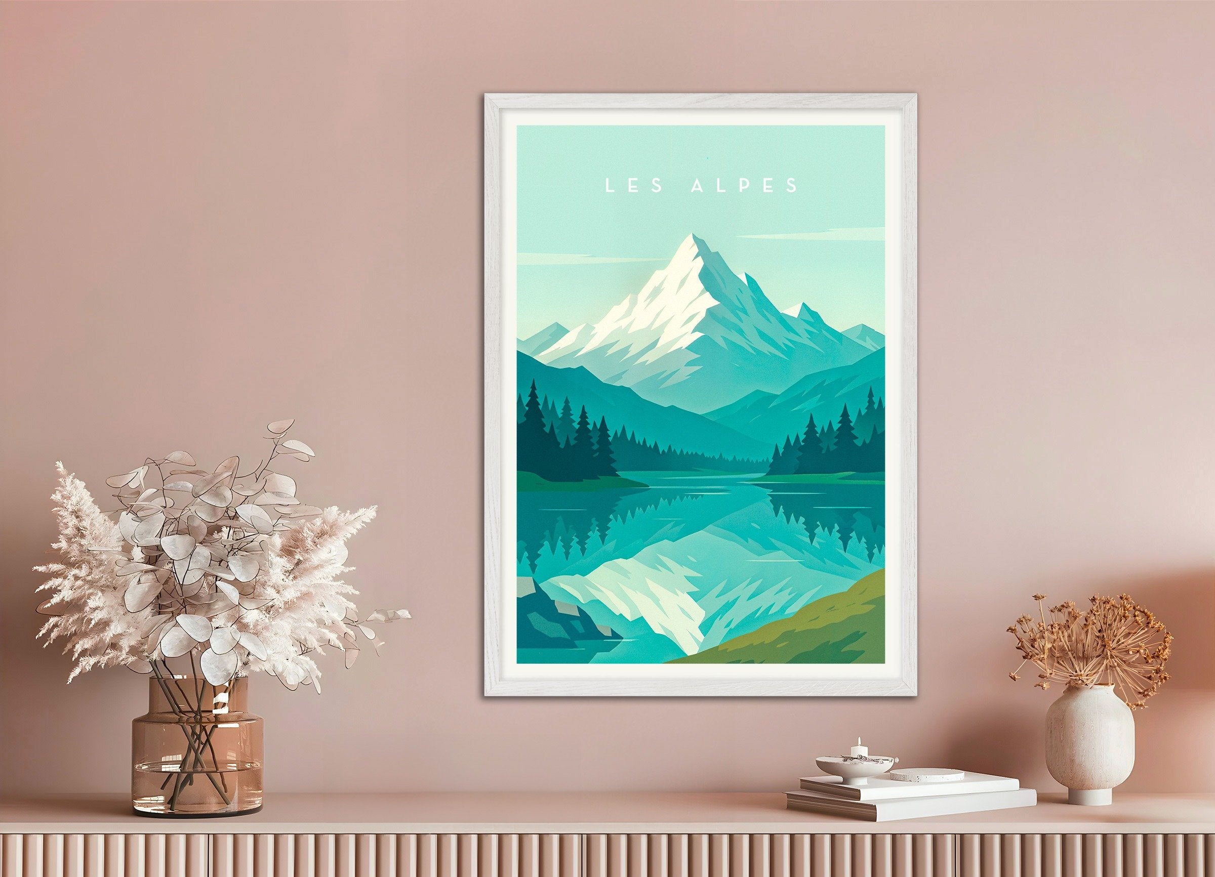 Poster of Alps Poster - Minimalist Mountain Art Print, with white wooden frame