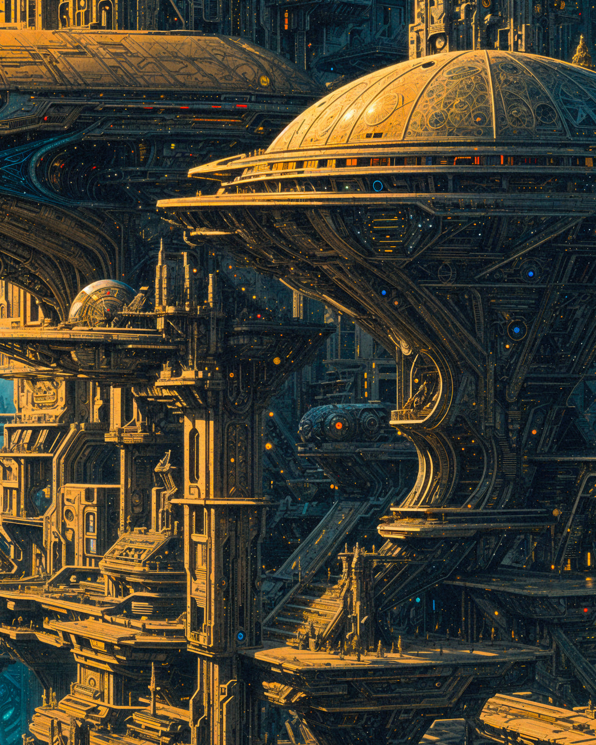 A detailed sci-fi architectural scene with ornate domes, towering structures, and intricate mechanical details in warm gold and brown tones with small blue glowing accents.