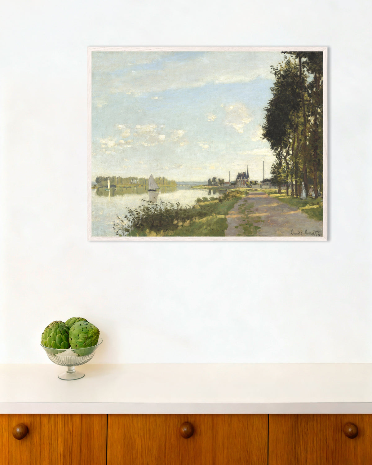 Poster Argenteuil (ca. 1872) van Claude Monet met witte houten lijst
