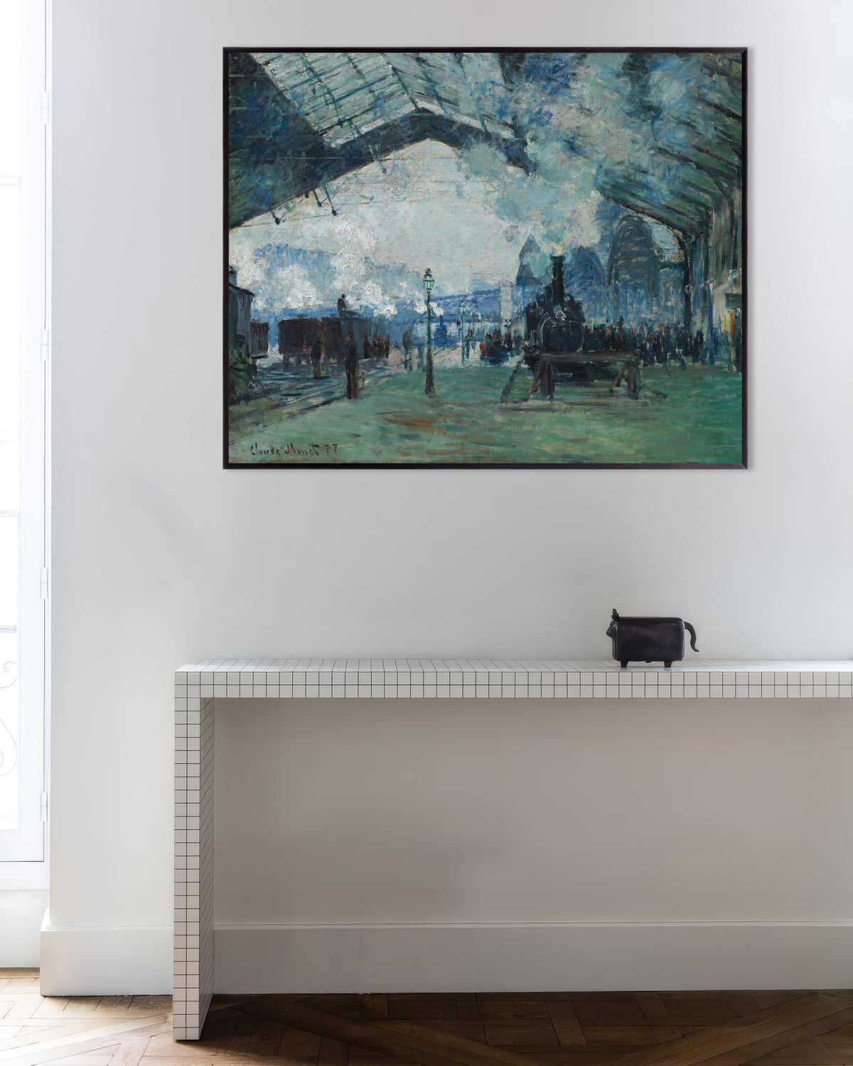 Affiche La Gare Saint-Lazare, arrivée d'un train de Normandie (1877) de Claude Monet, avec un cadre en métal
