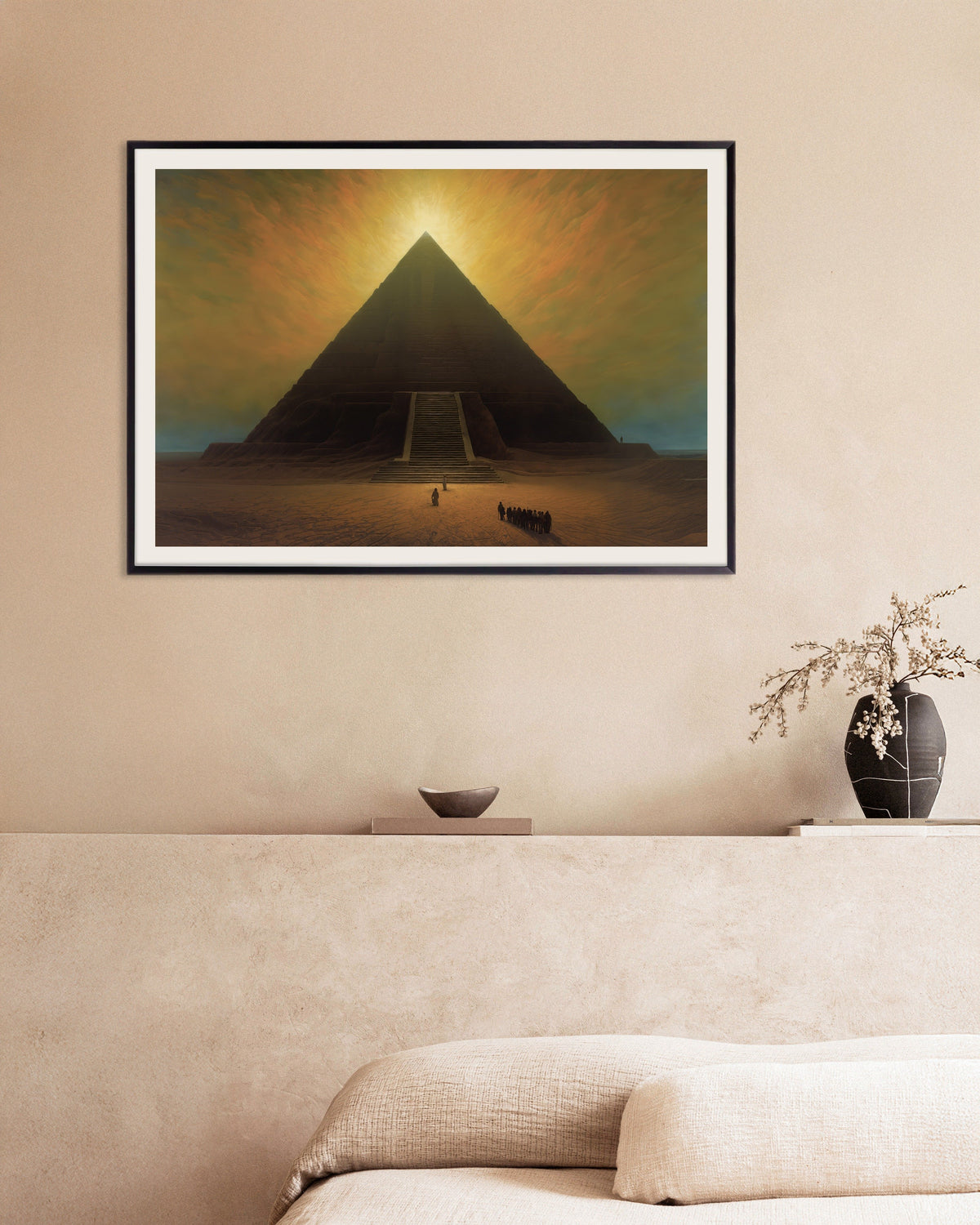 Poster de Illustration de bande déssinée, atmosphérique, sombre et mystique, la Grande Pyramide, avec cadre en métal
