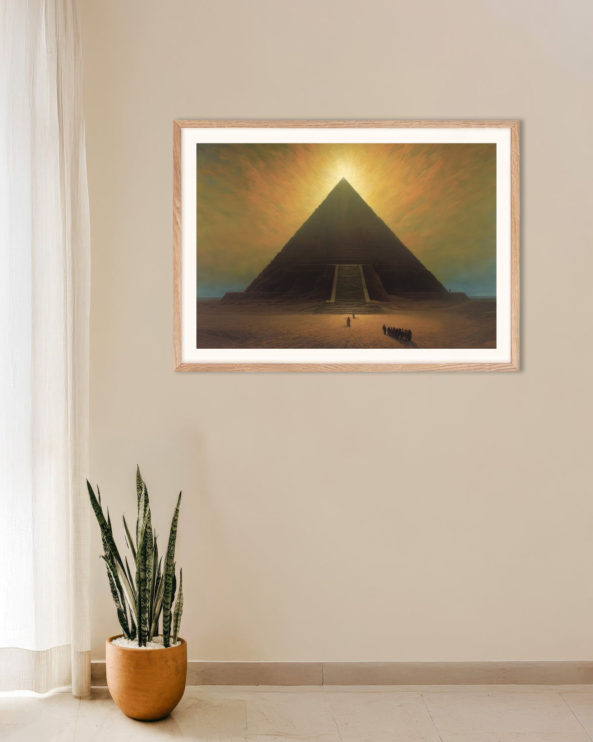 Poster de Illustration de bande déssinée, atmosphérique, sombre et mystique, la Grande Pyramide, avec cadre en bois naturel