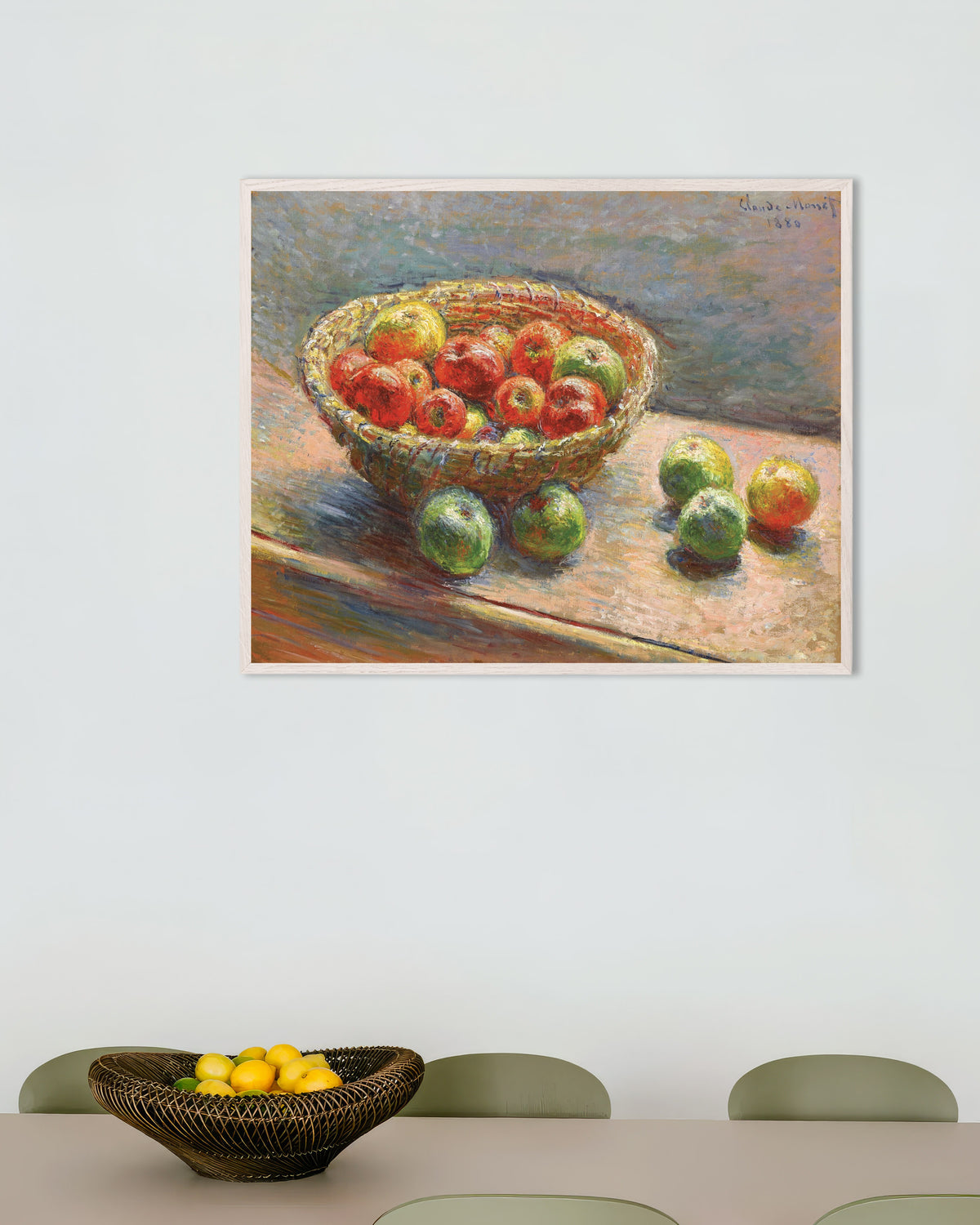 Poster De mand met appels (1880) van Claude Monet met witte houten lijst