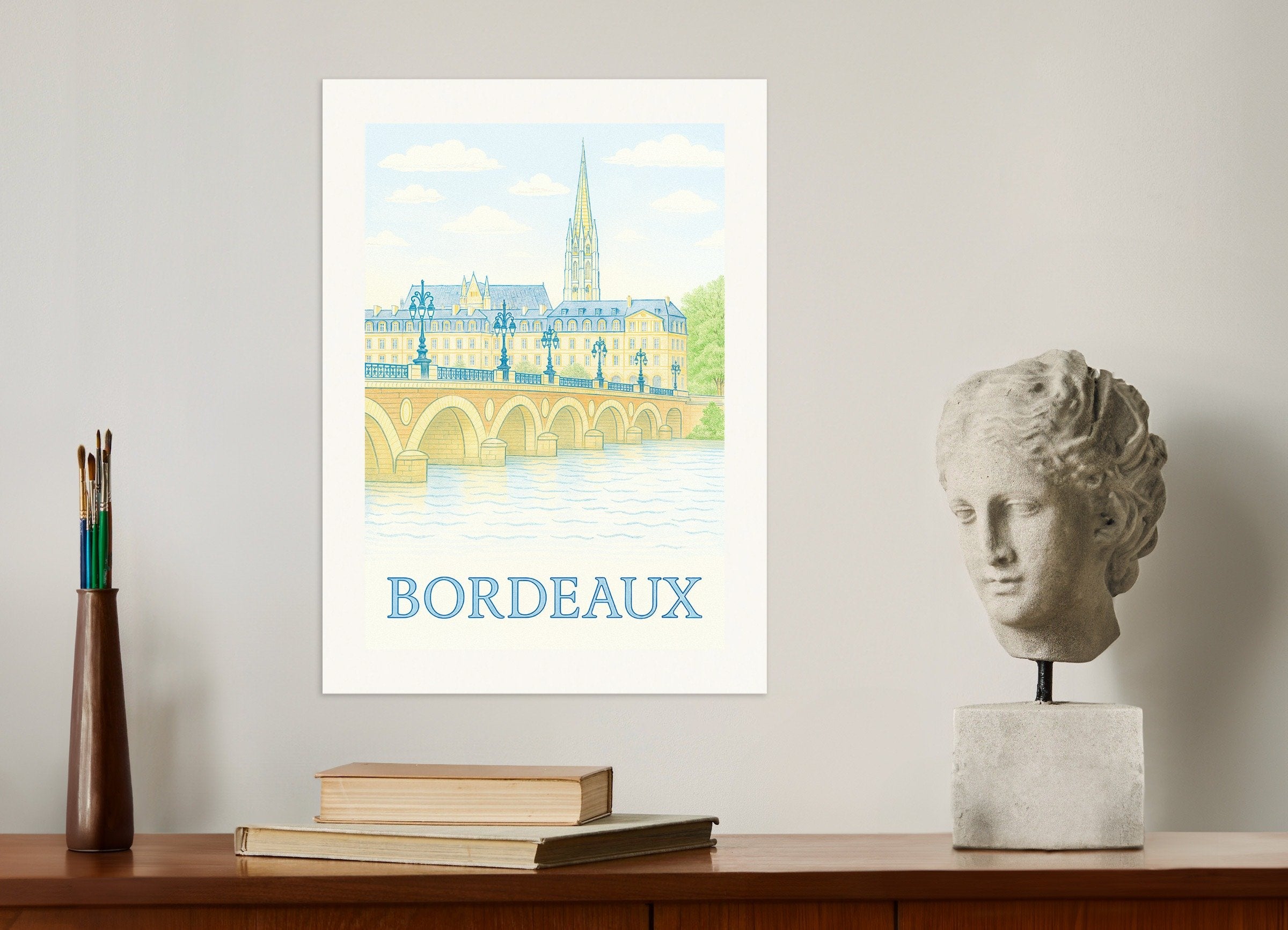 Poster of Bordeaux Poster – Hand-Drawn Cityscape Art Print in Soft Pastels