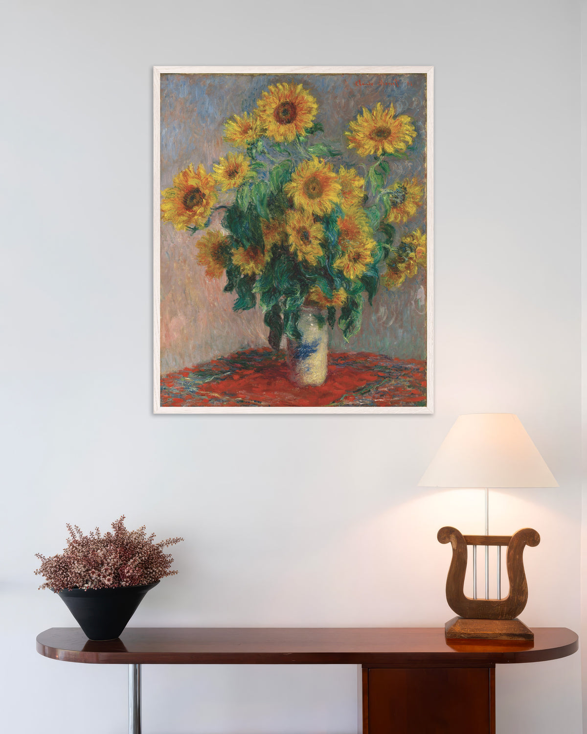 Poster Boeket zonnebloemen (1881) van Claude Monet met witte houten lijst