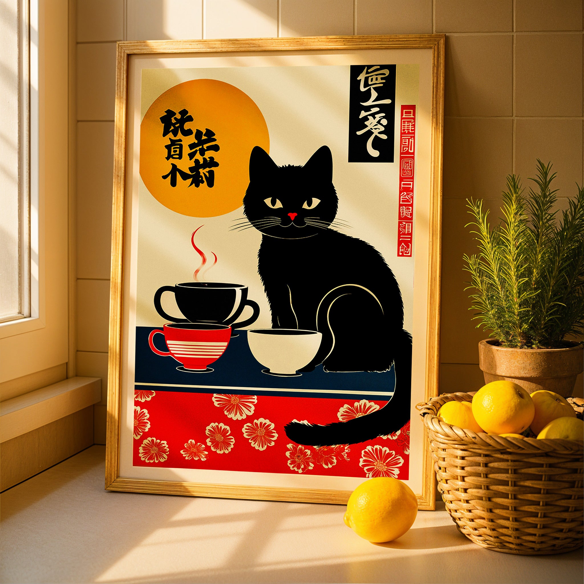 Affiche japonaise, chat et tasses de café