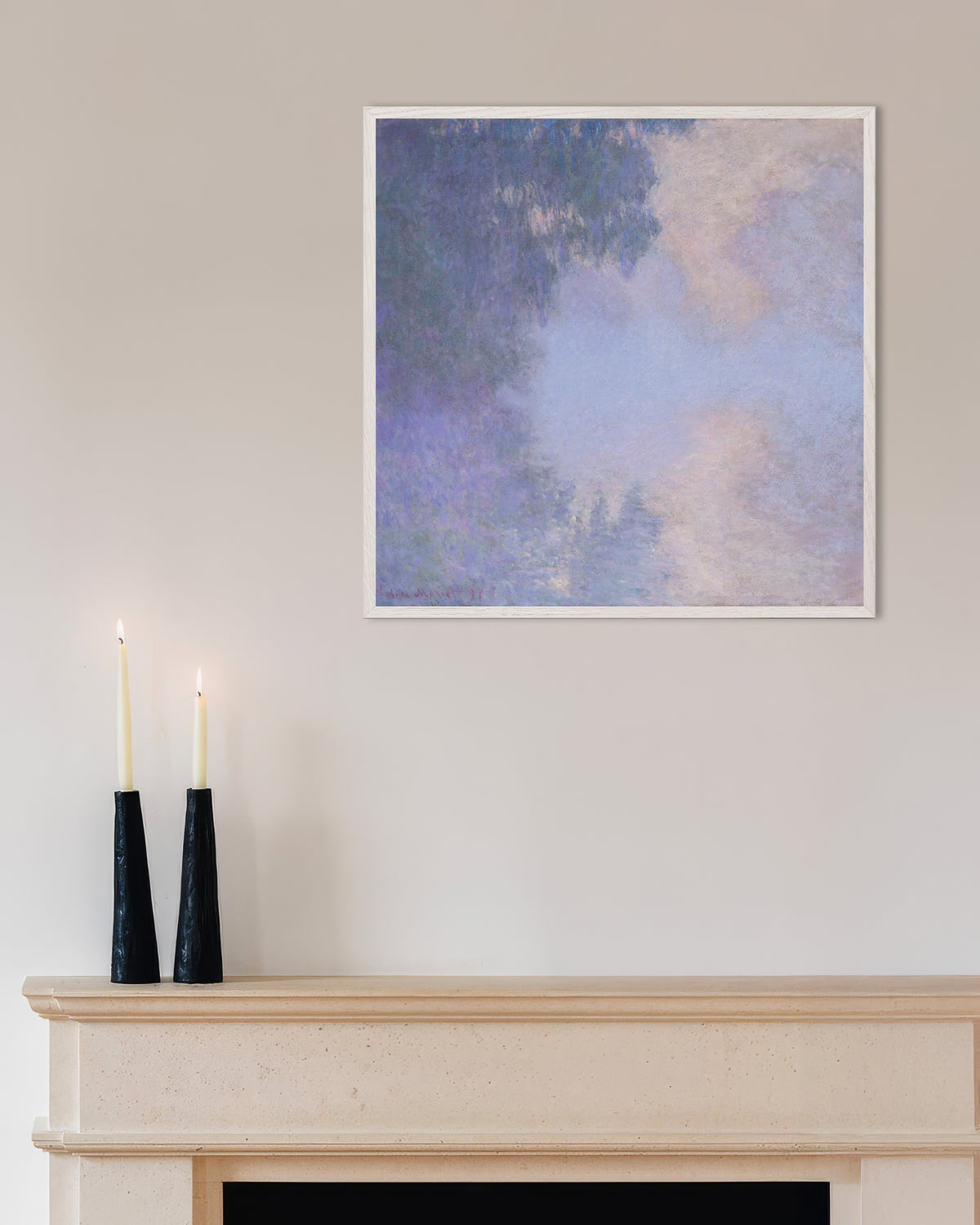 Poster Zijarm van de Seine bij Giverny, mist (1897) van Claude Monet met witte houten lijst