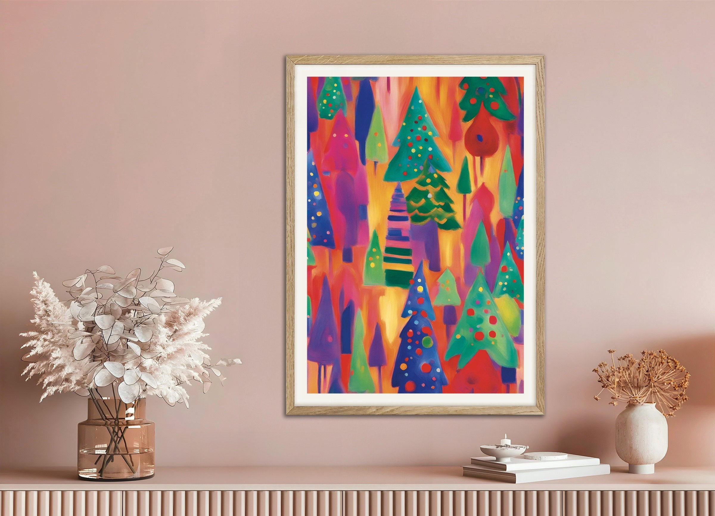 Poster of Colorful Christmas forest poster, with natural wooden frame