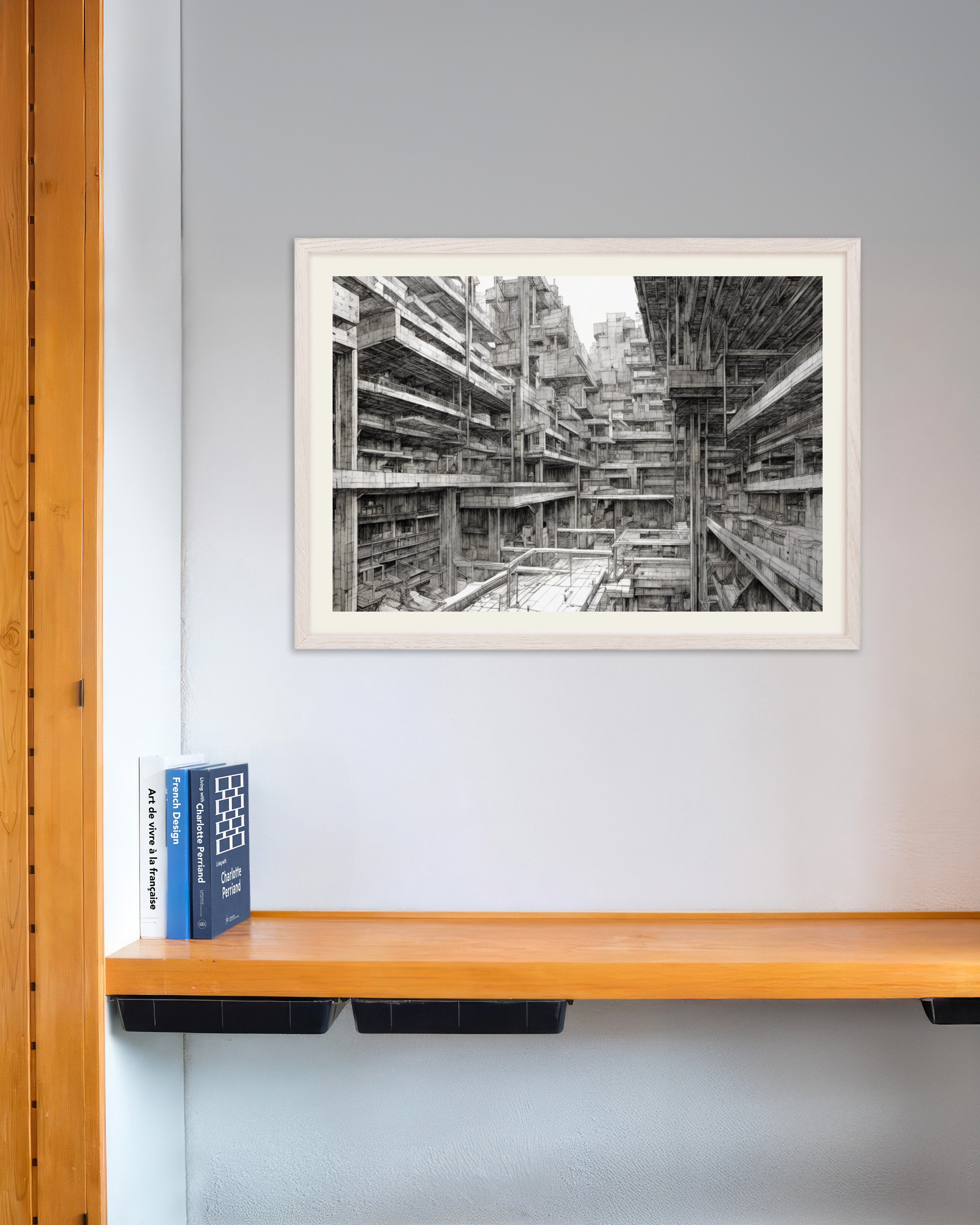 Poster of Contemporary black cyberpunk manga, buildings - Poster, with white wooden frame