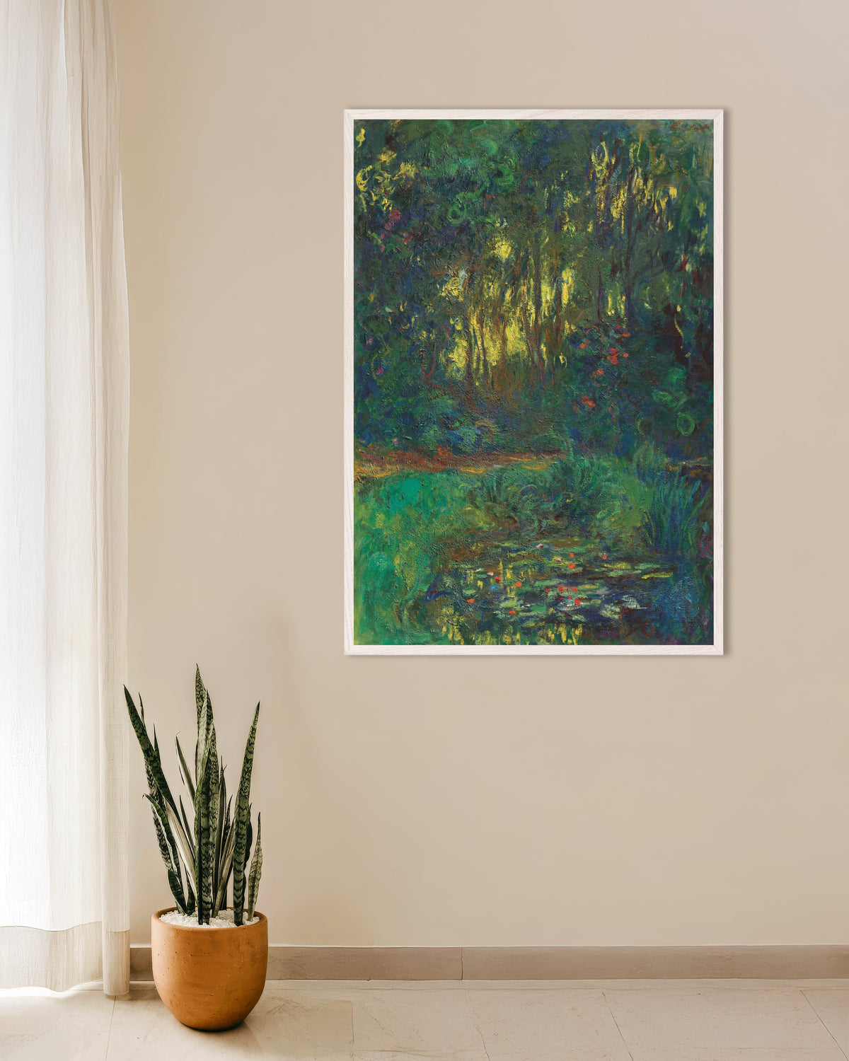 Affiche Coin du bassin aux nymphéas (1918–1919) de Claude Monet, avec un cadre en bois blanc