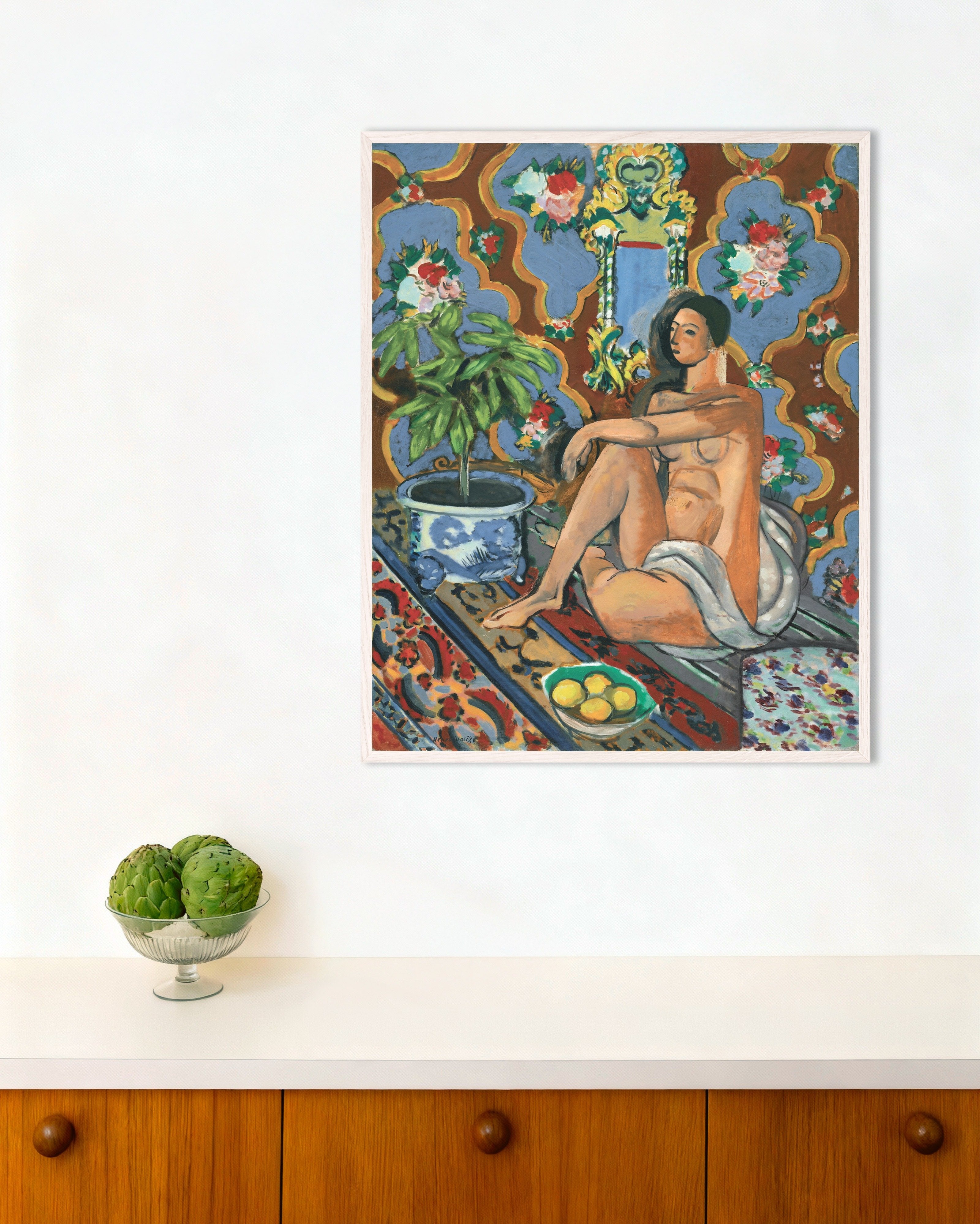 Poster of Decorative Figure on an Ornamental Background (1925) by Henri Matisse - Poster, with white wooden frame