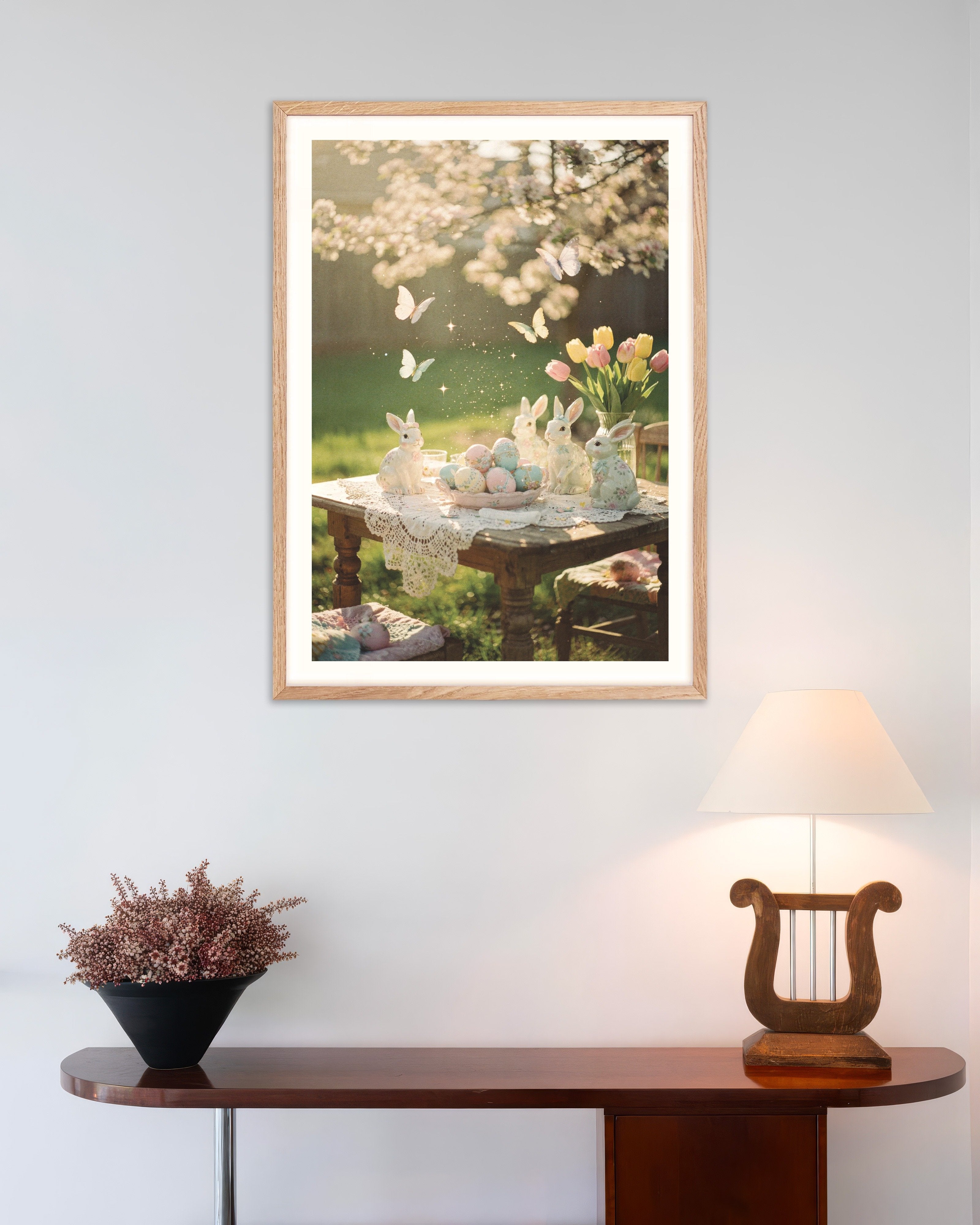 Poster of Easter Garden Bunnies & Pastel Eggs Poster, with natural wooden frame
