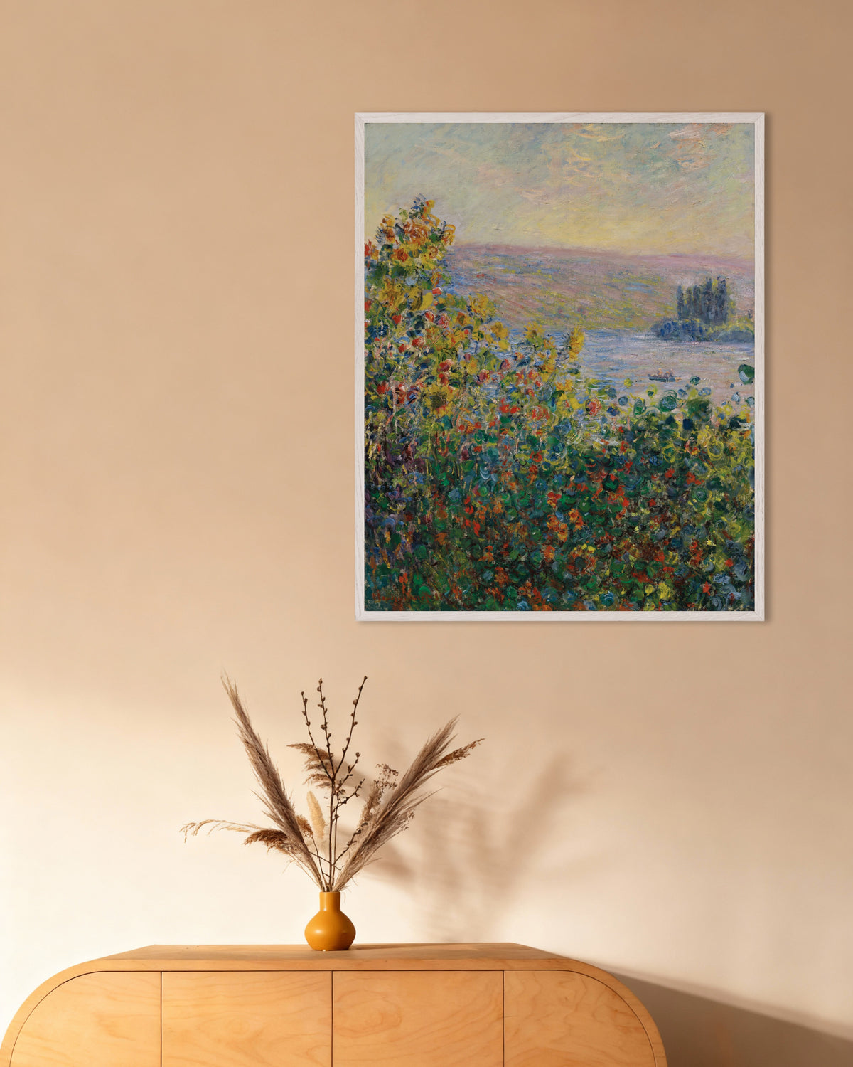 Poster Bloemperken in Vétheuil (1881) van Claude Monet met witte houten lijst
