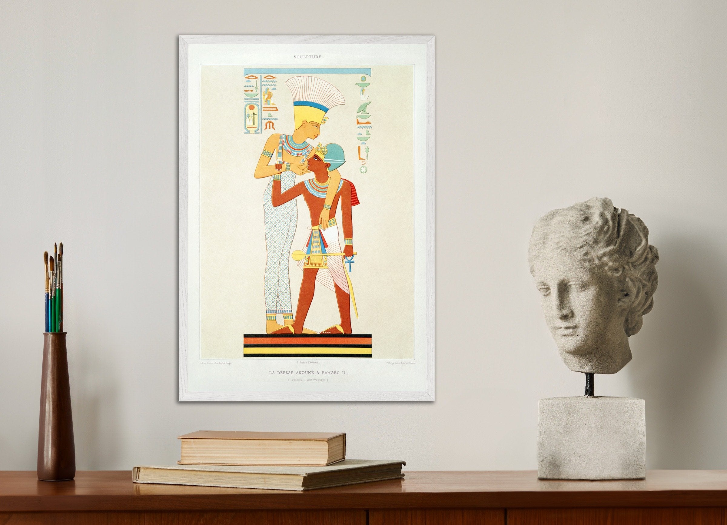 Poster of Goddess Anouke & Ramses II – Egyptian Art Print, with white wooden frame