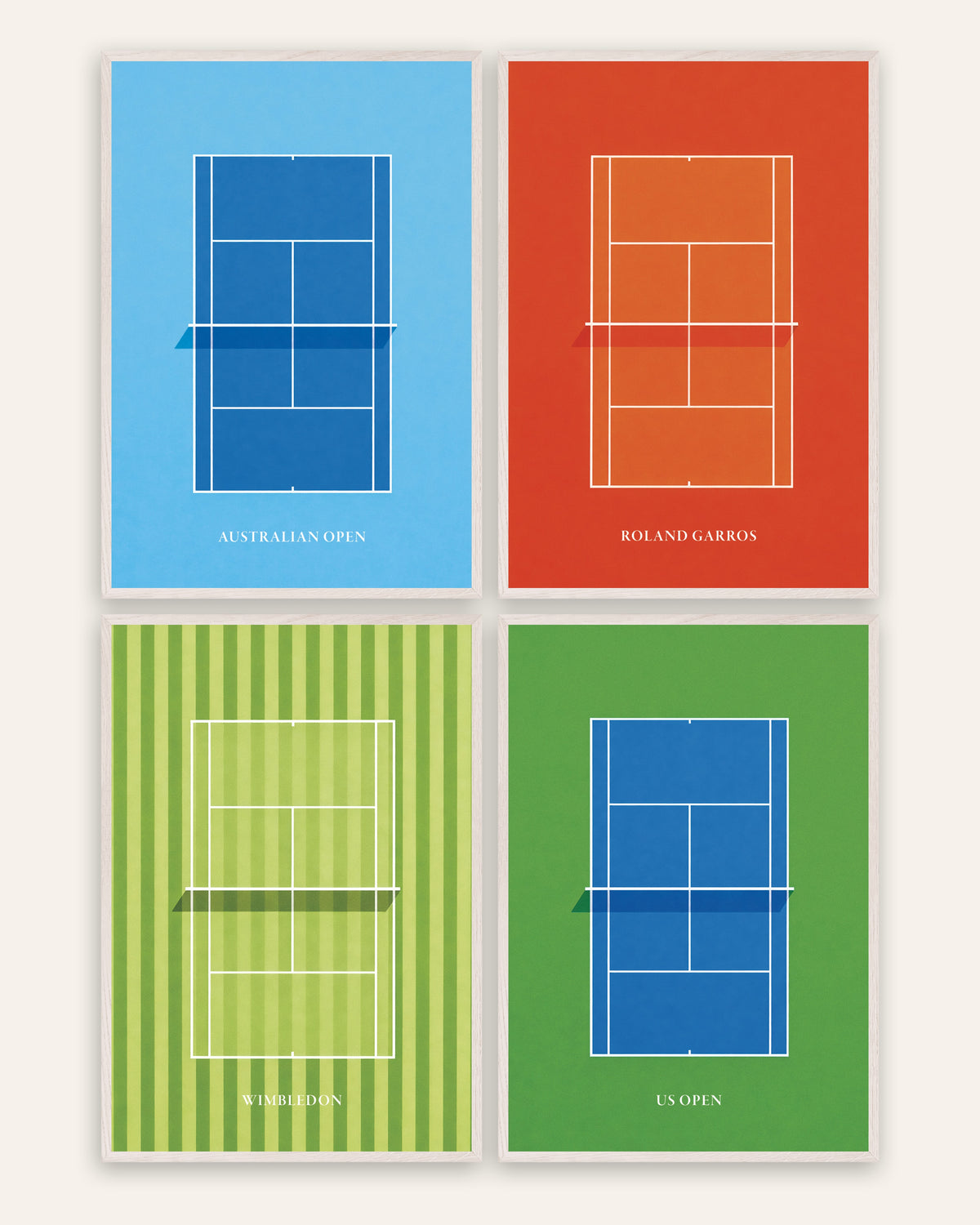 Grand Slam tennisposters, set van 4: Australian Open, Roland Garros, Wimbledon en US Open, in witte eikenhouten lijsten