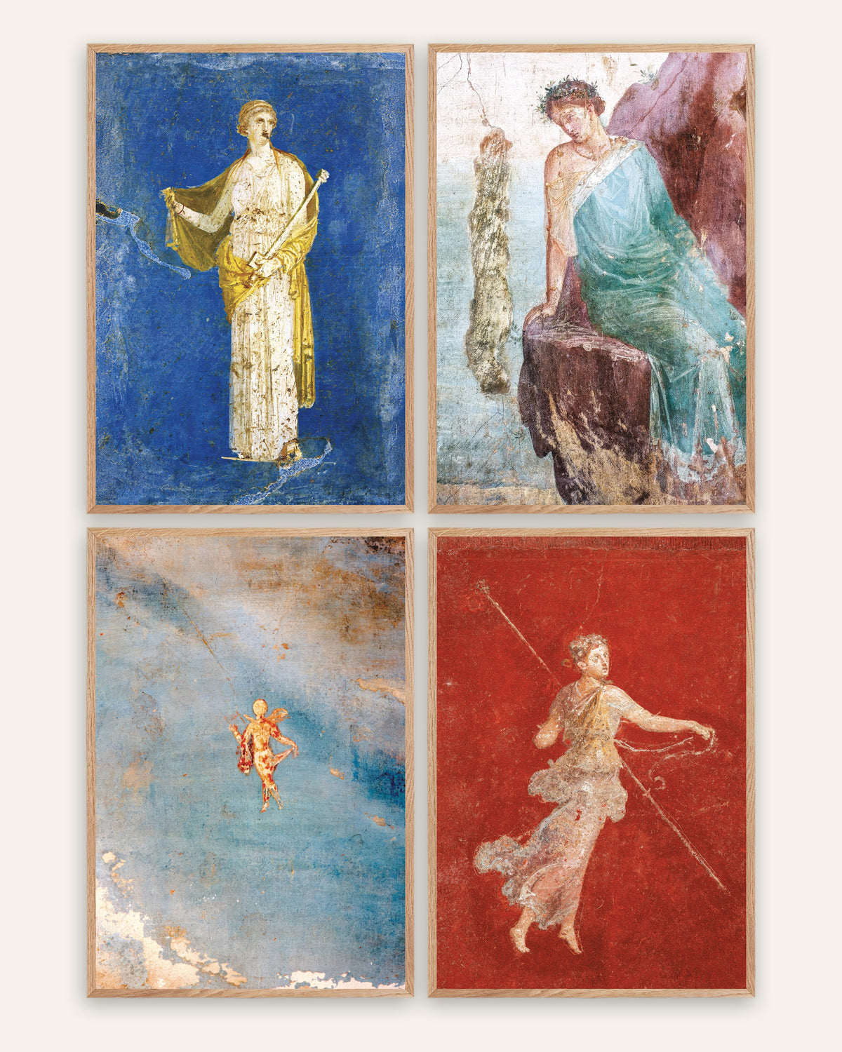 Romeinse fresco posters, set van 4: Medea, Icarus, Psyche en maenade, in naturel eikenhouten lijsten