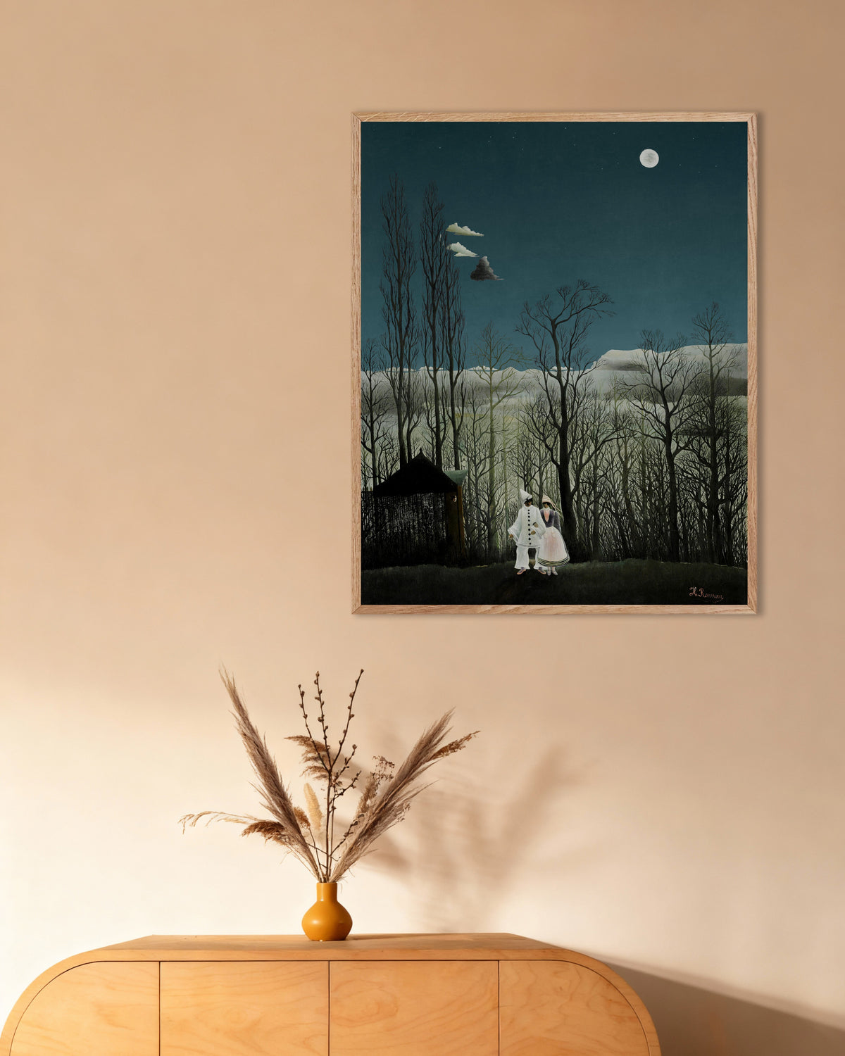 Poster de Henri Rousseau, Un soir de carnaval (détail), avec un cadre en bois naturel