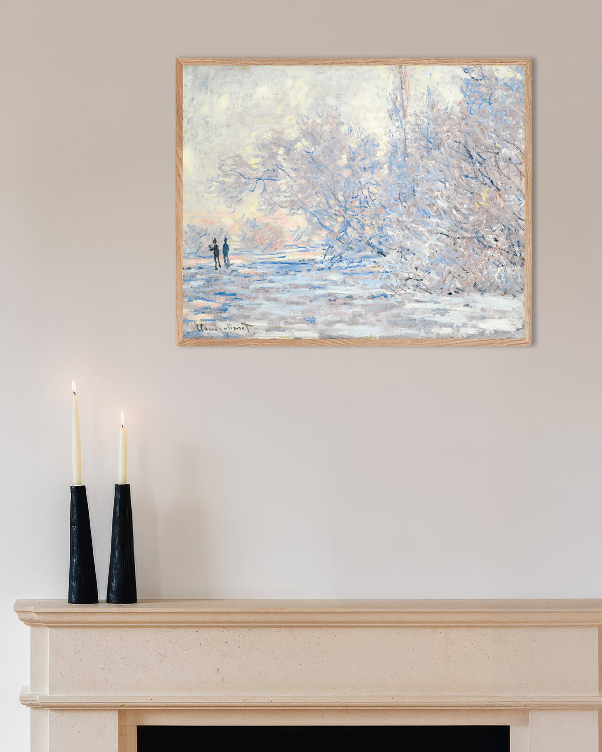 Poster Rijp in Giverny (1885) van Claude Monet met naturel houten lijst