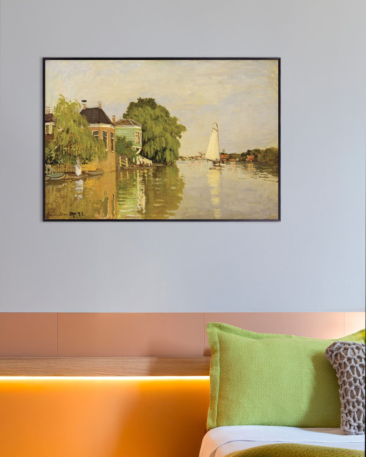 Poster Huizen aan de Achterzaan (1871) van Claude Monet met metalen lijst