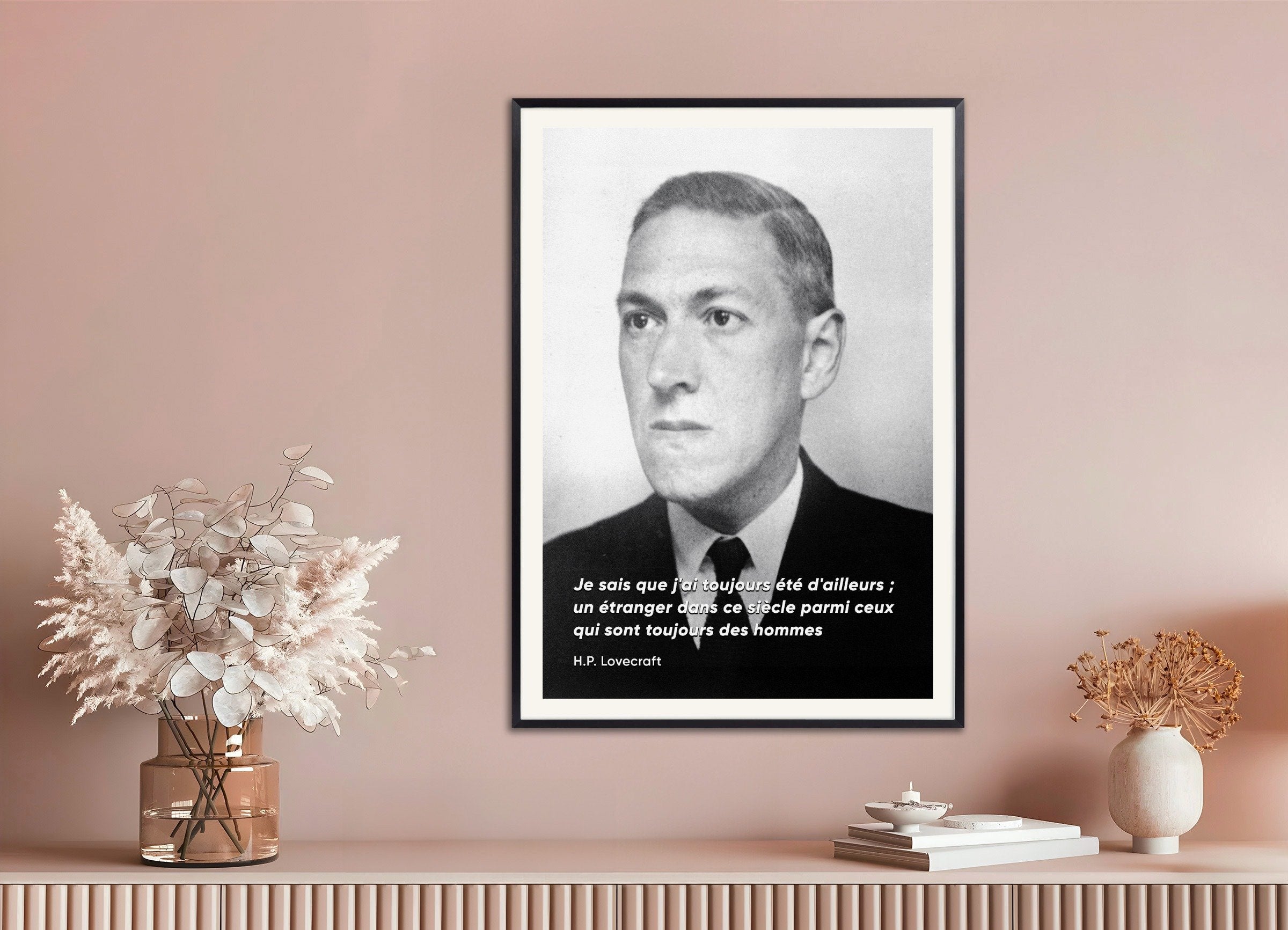 Poster of "I Am An Outsider" H.P. Lovecraft Portrait Quote Print, with metal frame