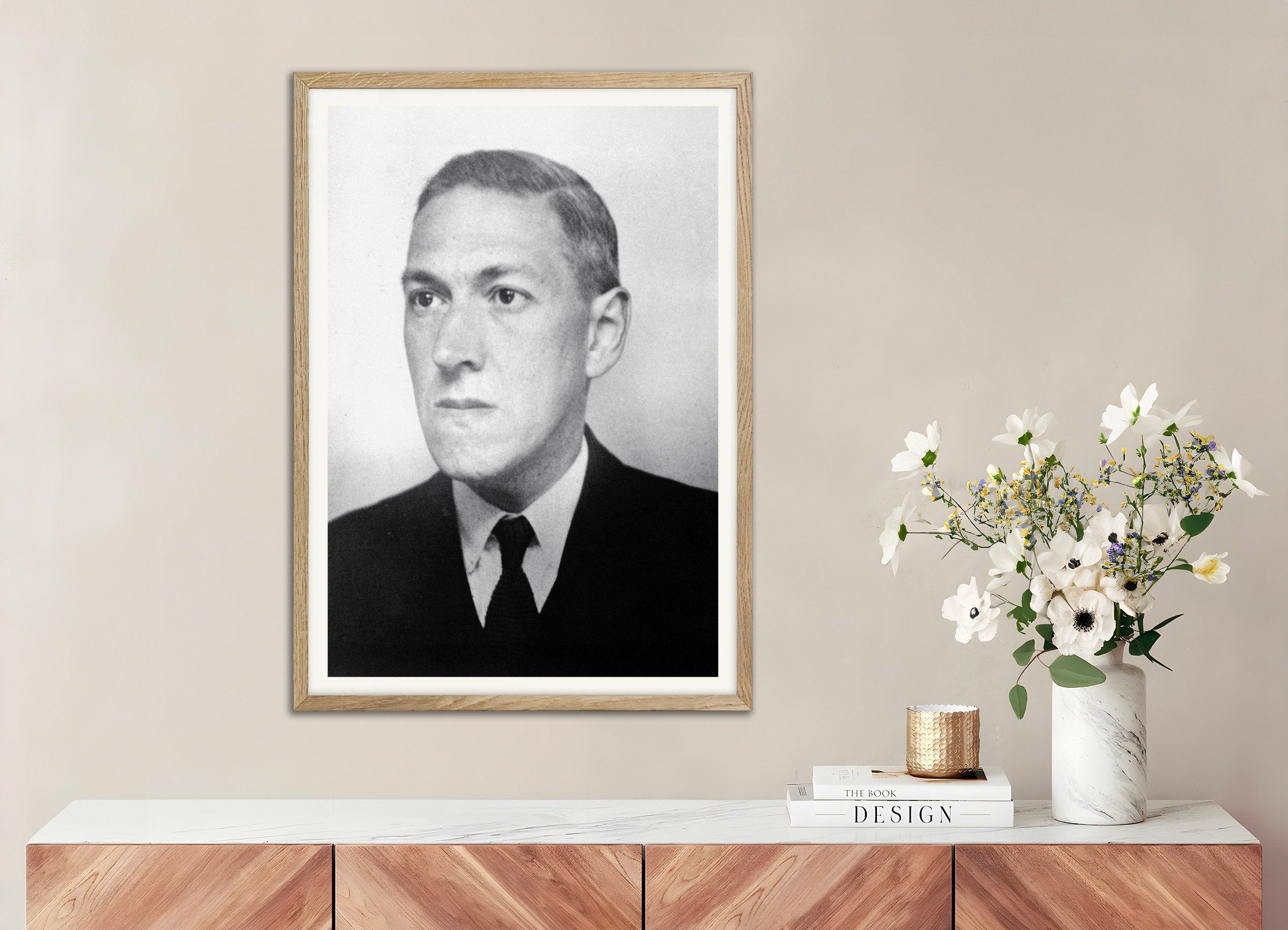 Poster of "I Am An Outsider" H.P. Lovecraft Portrait Quote Print, with natural wooden frame