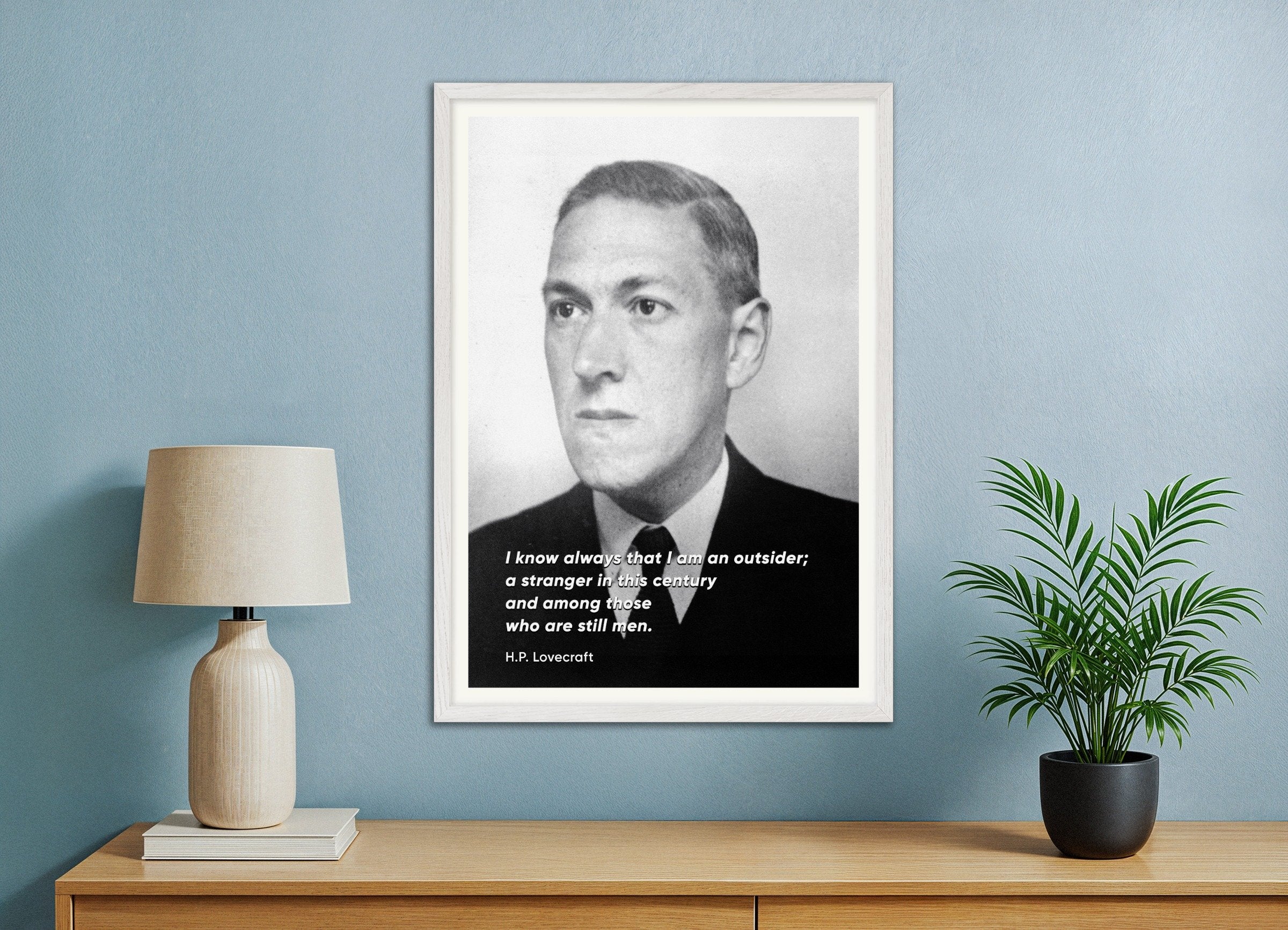 Poster of "I Am An Outsider" H.P. Lovecraft Portrait Quote Print, with white wooden frame