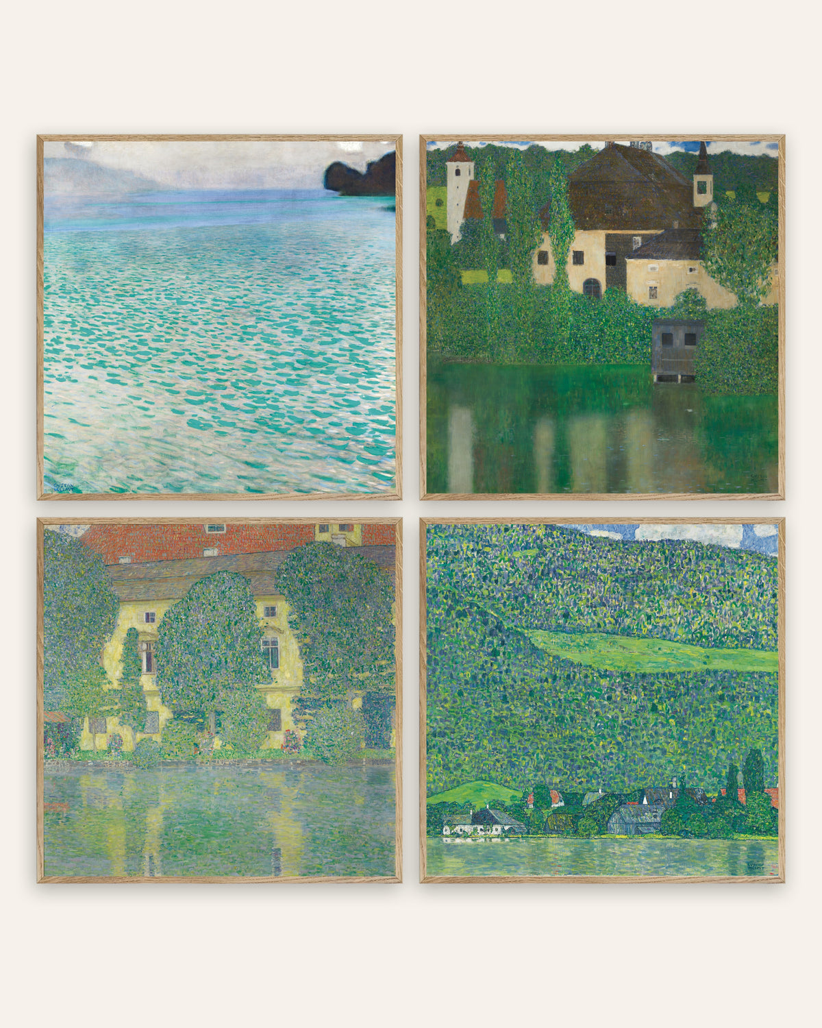 Klimt posters, set van 4: de Attersee, Schloss Kammer en Litzlberg, in naturel eikenhouten lijsten