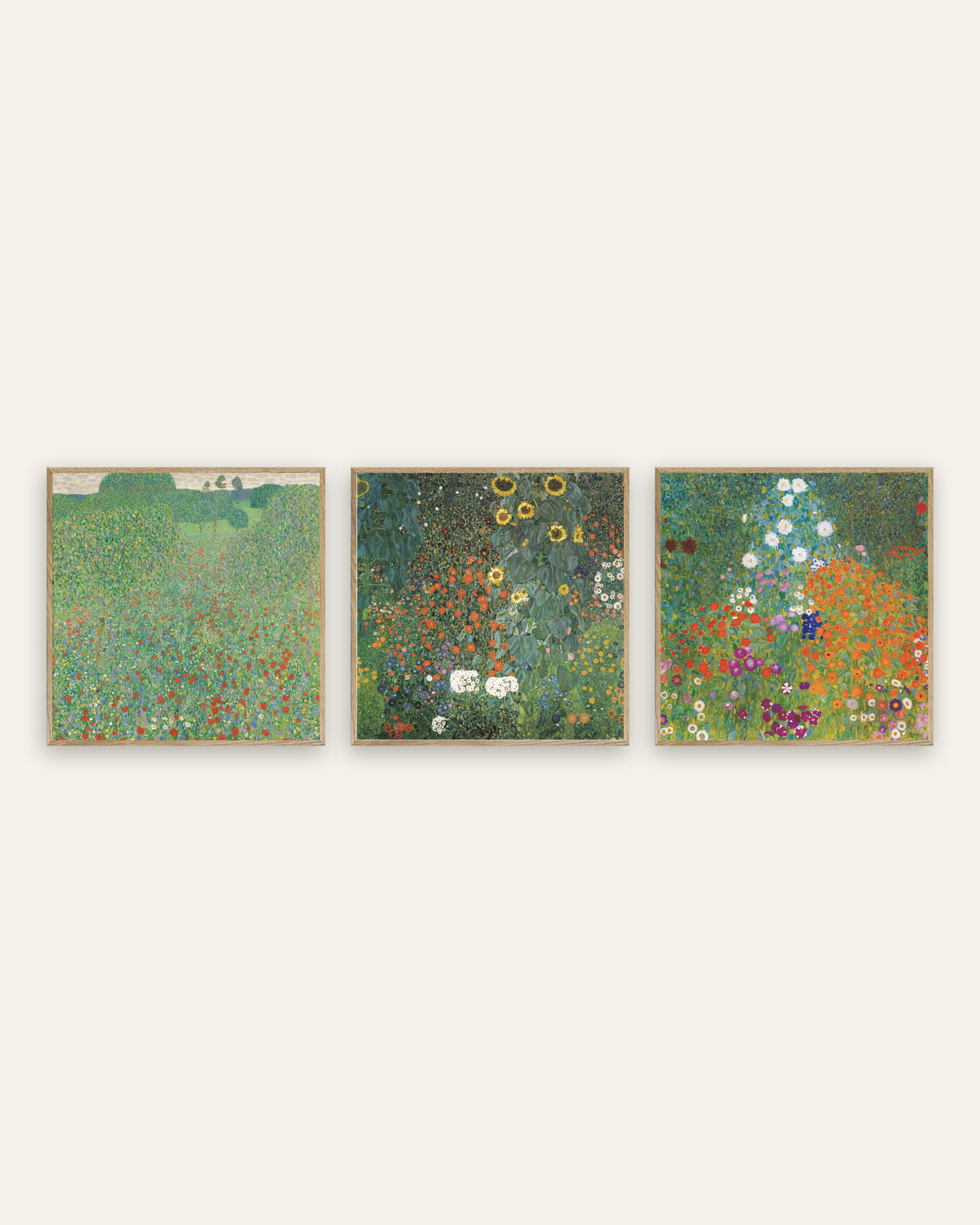 Affiches Klimt, lot de 3 : Champ de coquelicots, Jardin aux tournesols et Jardin paysan, cadres en chêne naturel