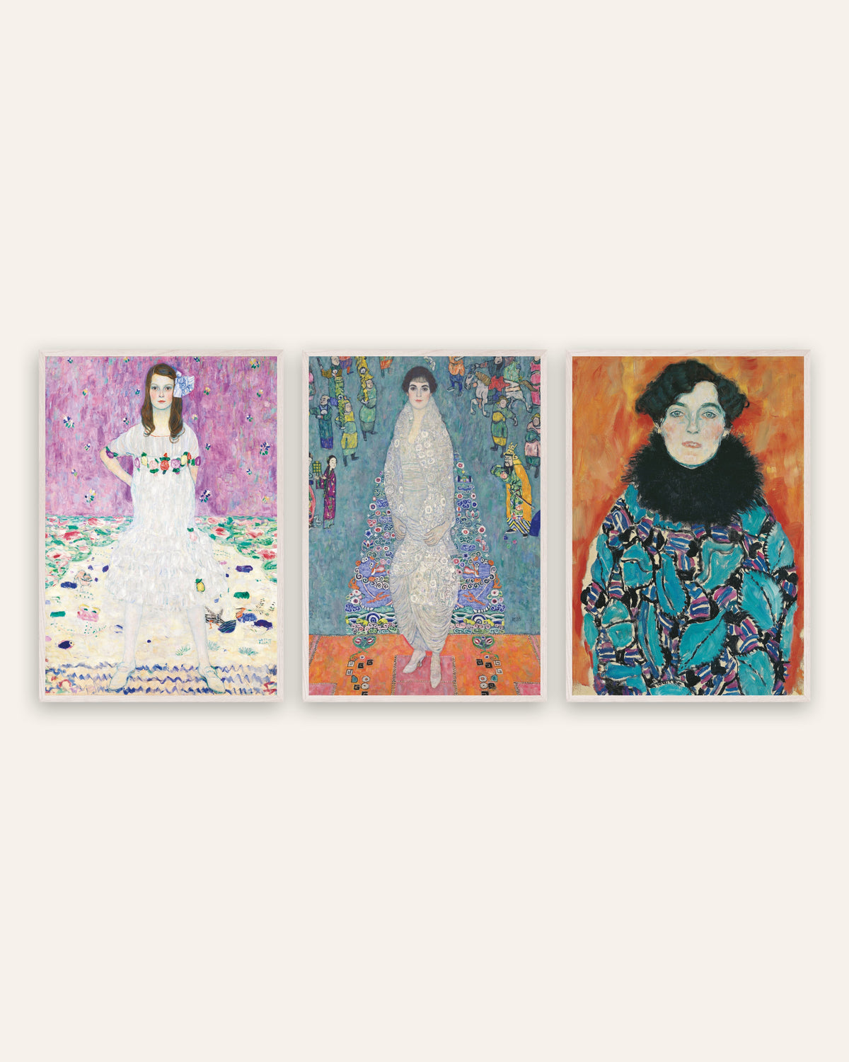 Klimt posters, set van 3 portretten: Mäda Primavesi, Elisabeth Lederer en Johanna Staude, in witte eikenhouten lijsten