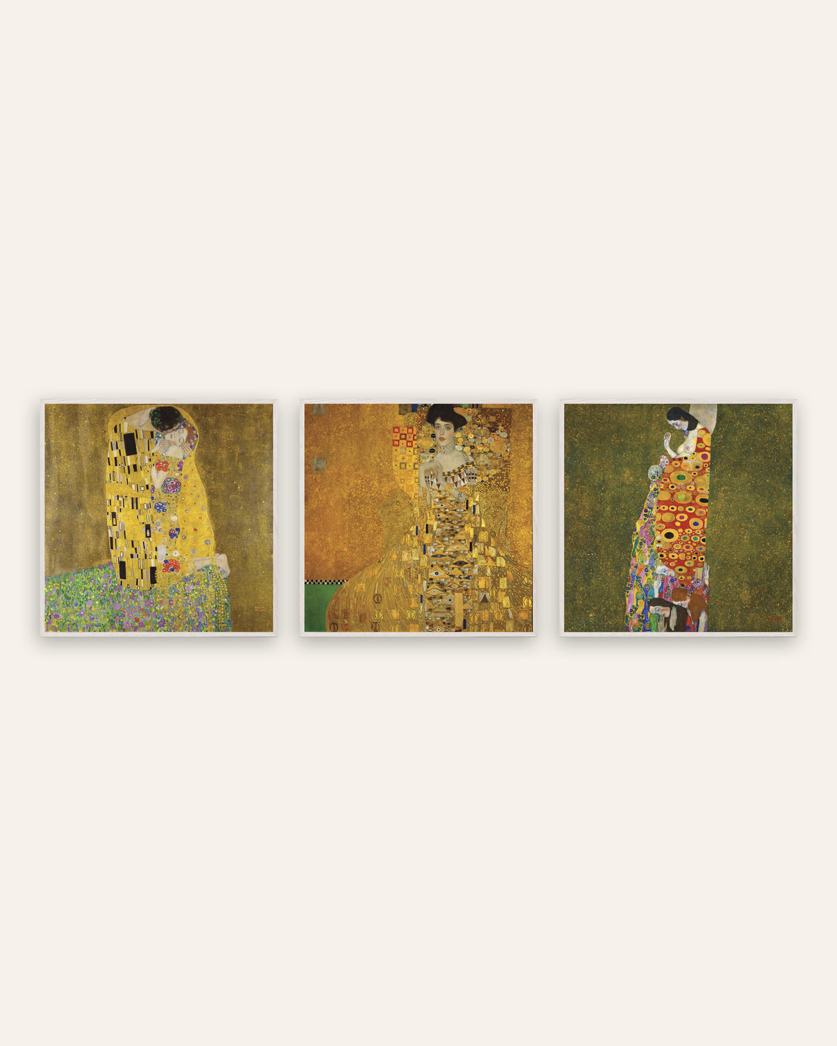 Affiches Klimt, lot de 3 : Le Baiser, Adele Bloch-Bauer I et L’Espoir II, cadres en chêne blanc