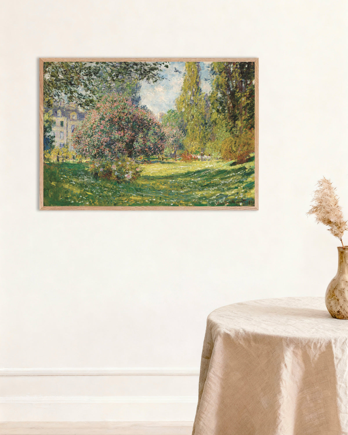 Poster Landschap, het Parc Monceau (1876) van Claude Monet met naturel houten lijst