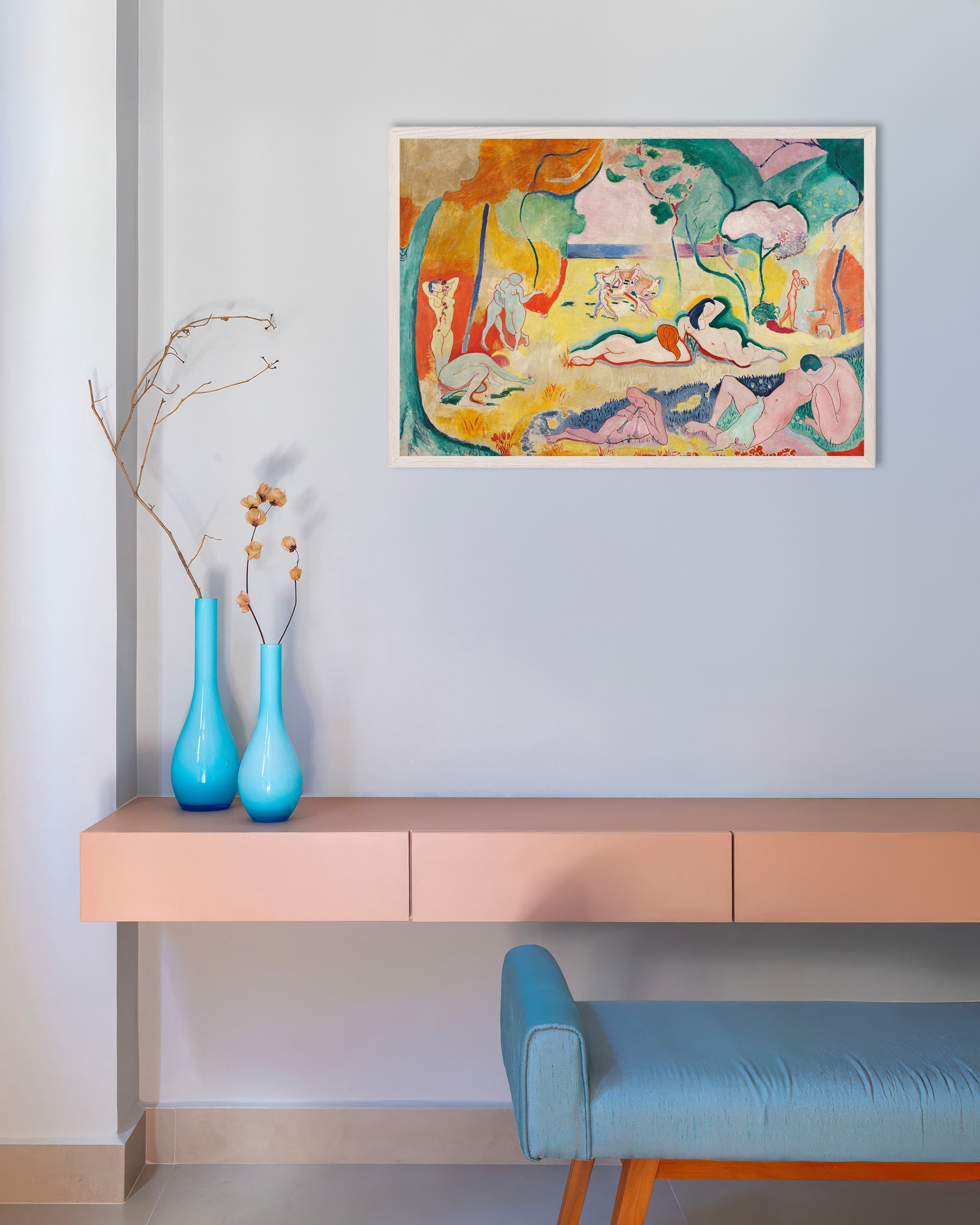 Poster of Le bonheur de vivre (1905) by Henri Matisse, with white wooden frame