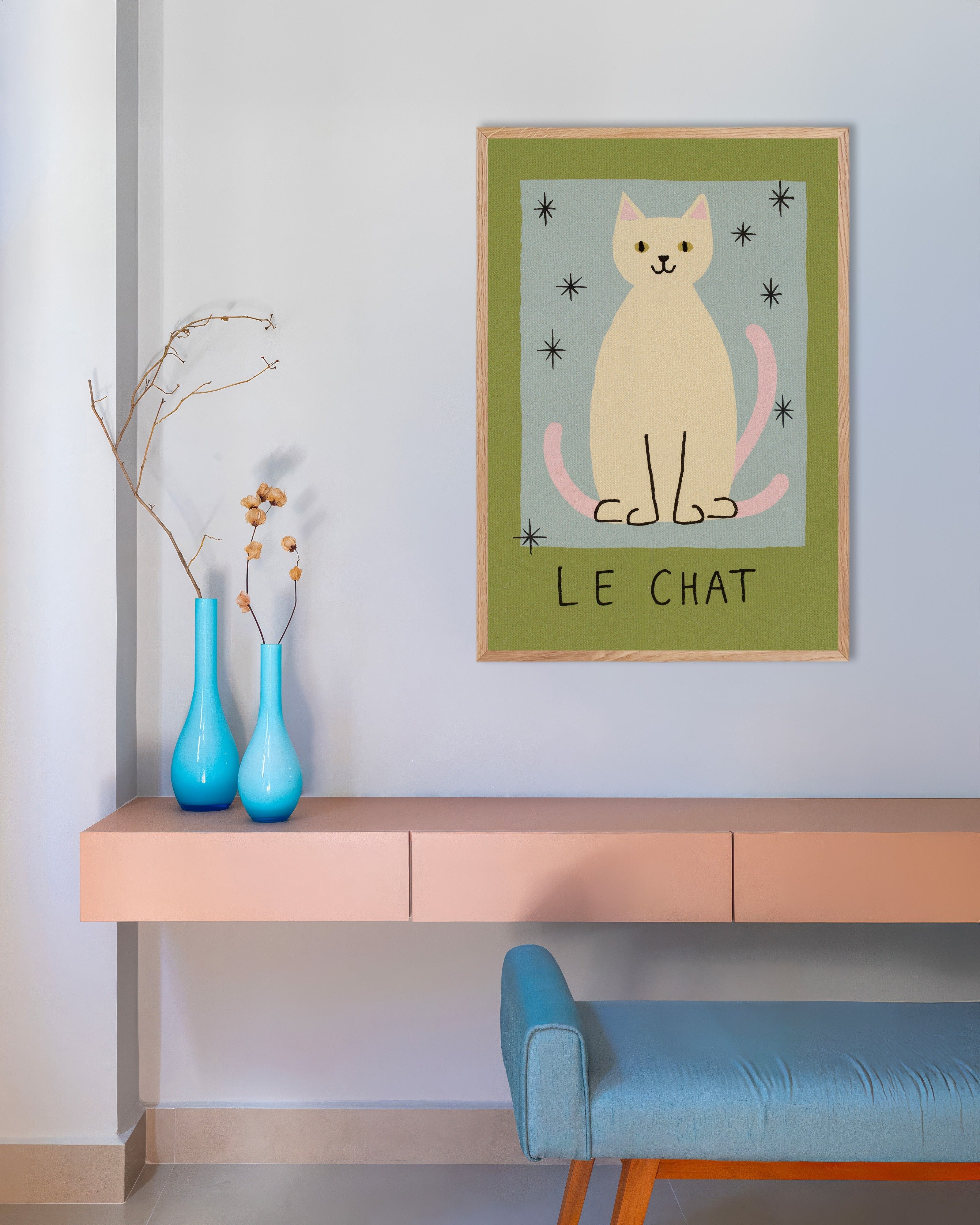 Poster of Le Chat - Mid-Century Cat Poster, with natural wooden frame