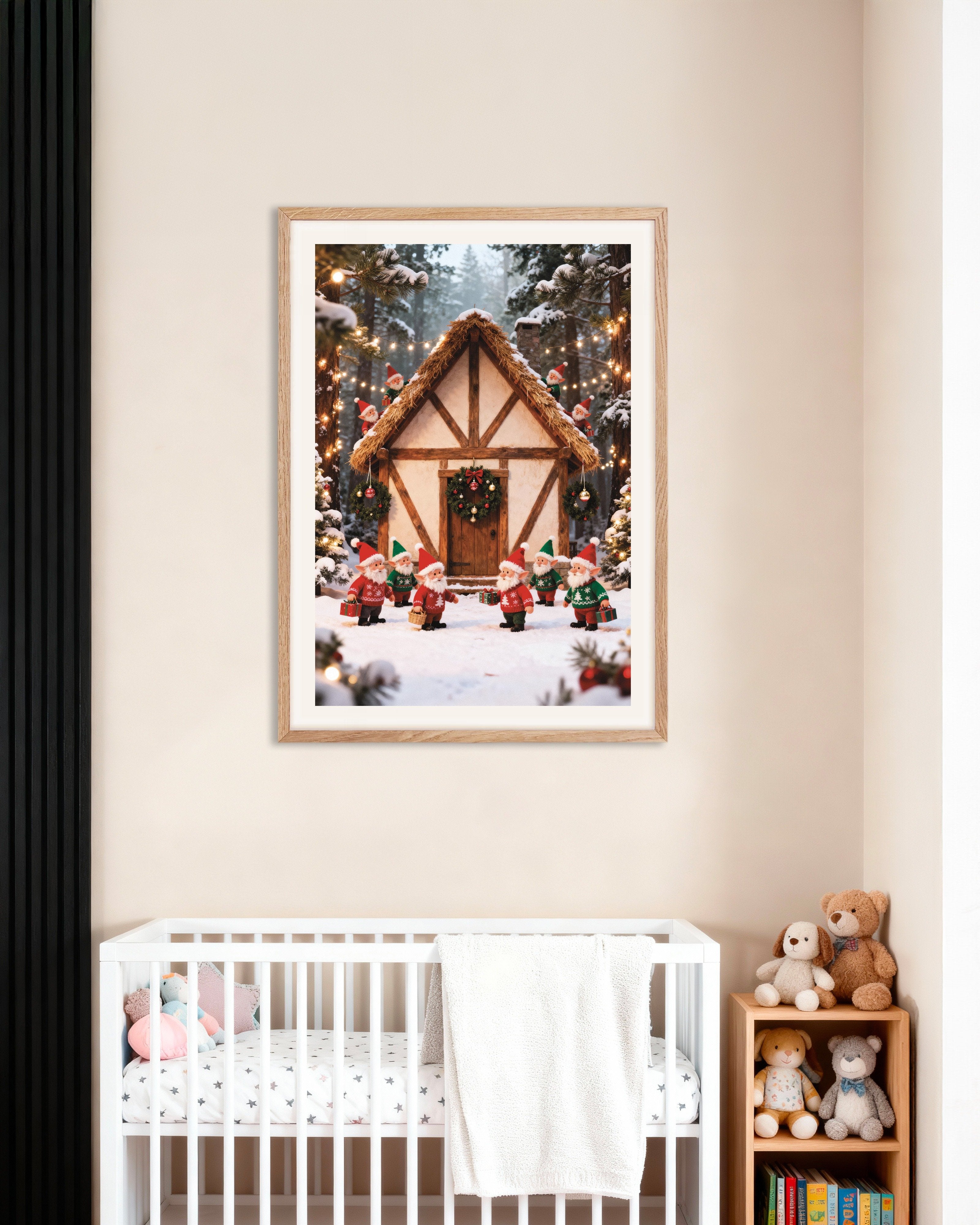 Poster of Little elves in the snowy forest poster, with natural wooden frame