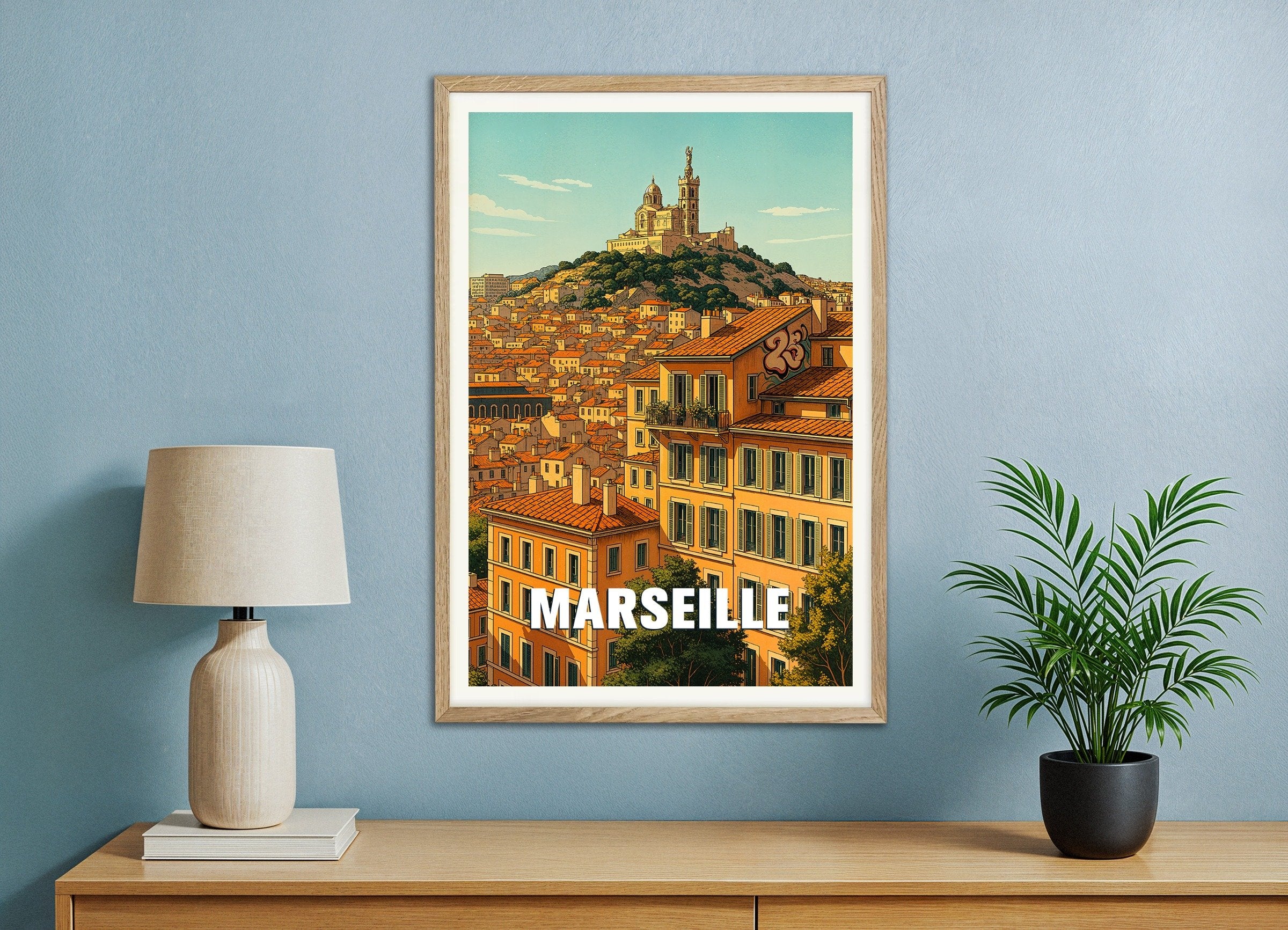 Poster of Marseille Poster – Notre-Dame de la Garde Cityscape, with natural wooden frame