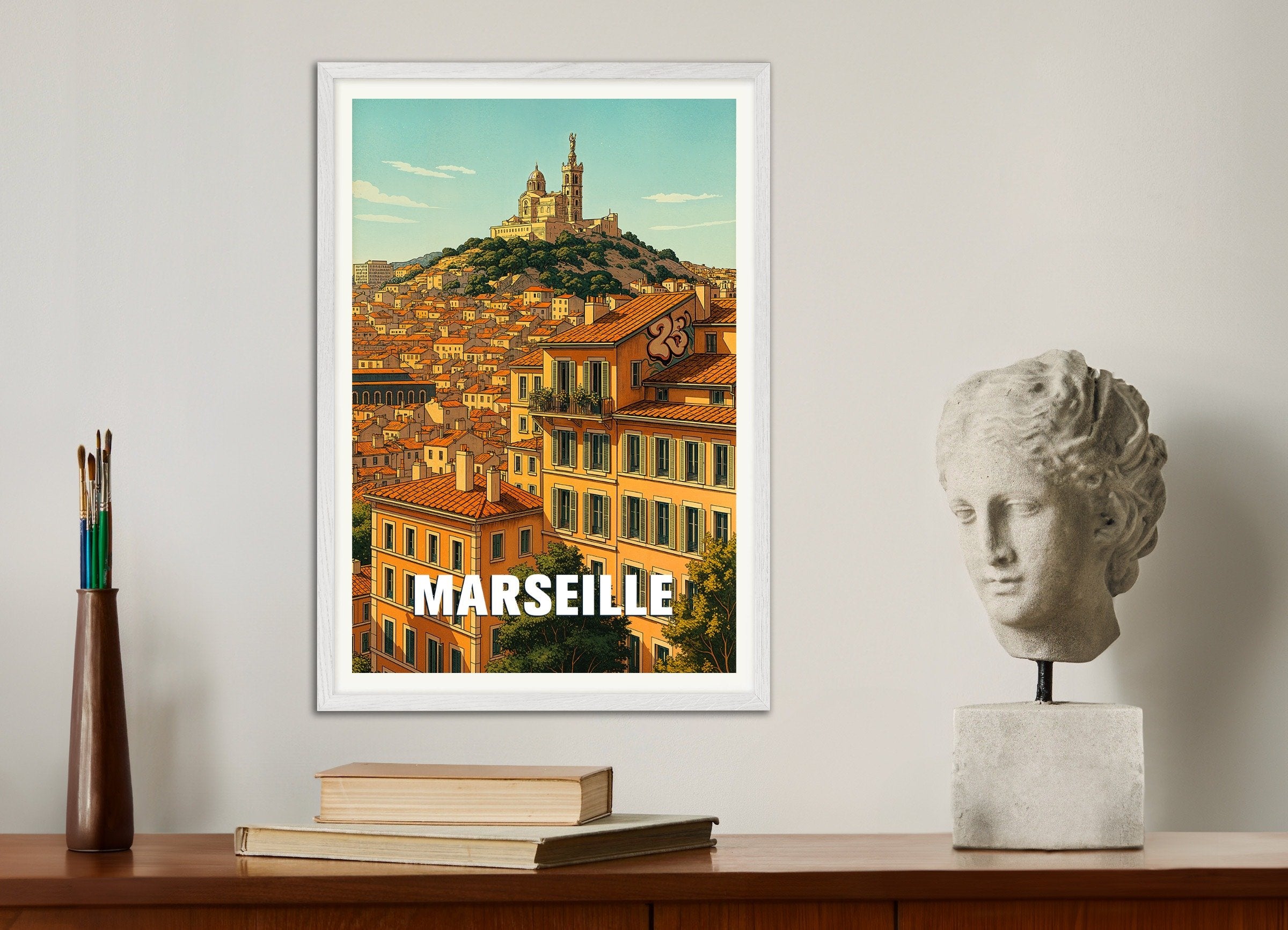 Poster of Marseille Poster – Notre-Dame de la Garde Cityscape, with white wooden frame