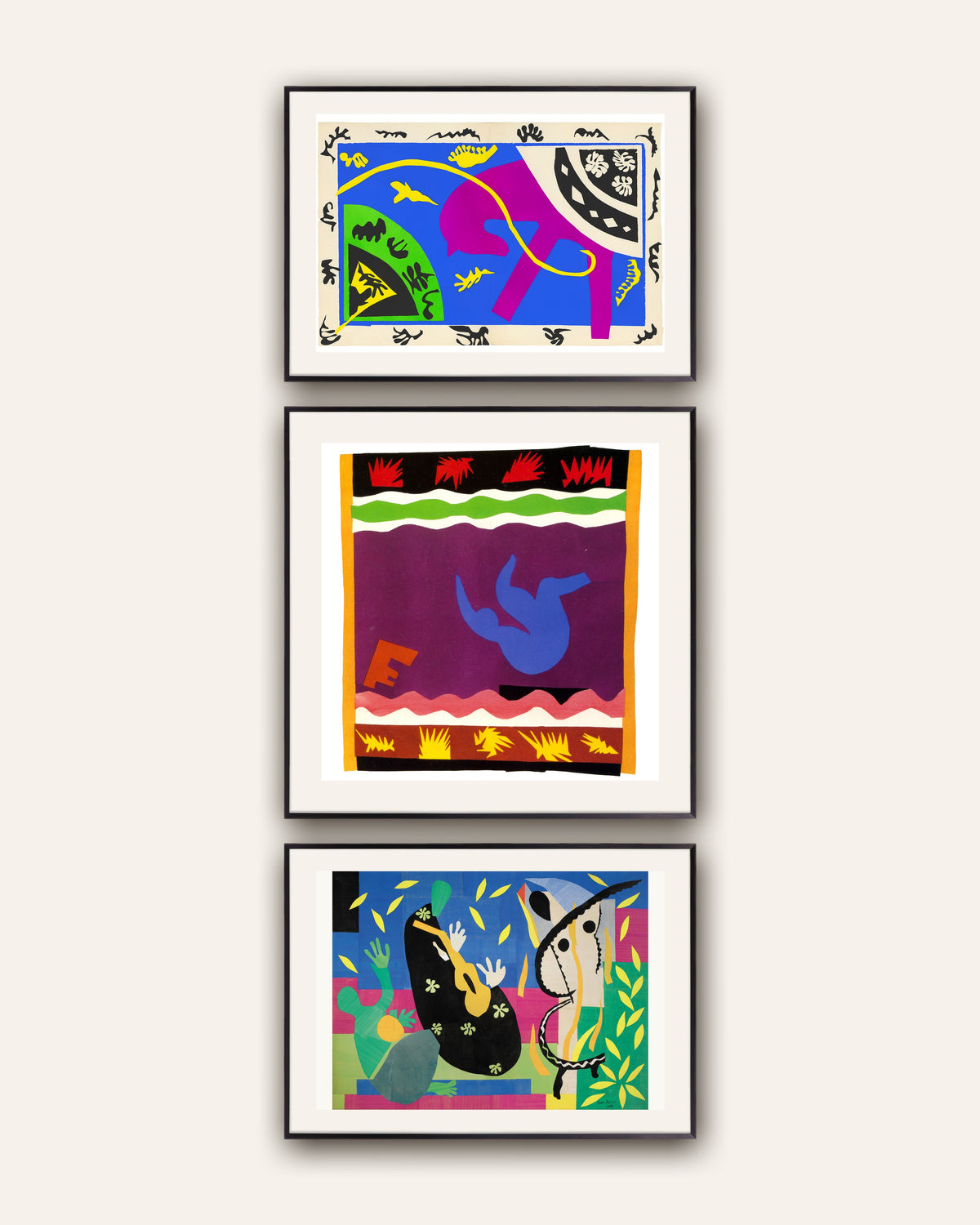 Matisse posters, set van 3: Paard, ruiter en clown, De slee, De smarten van de koning, in zwarte metalen lijsten